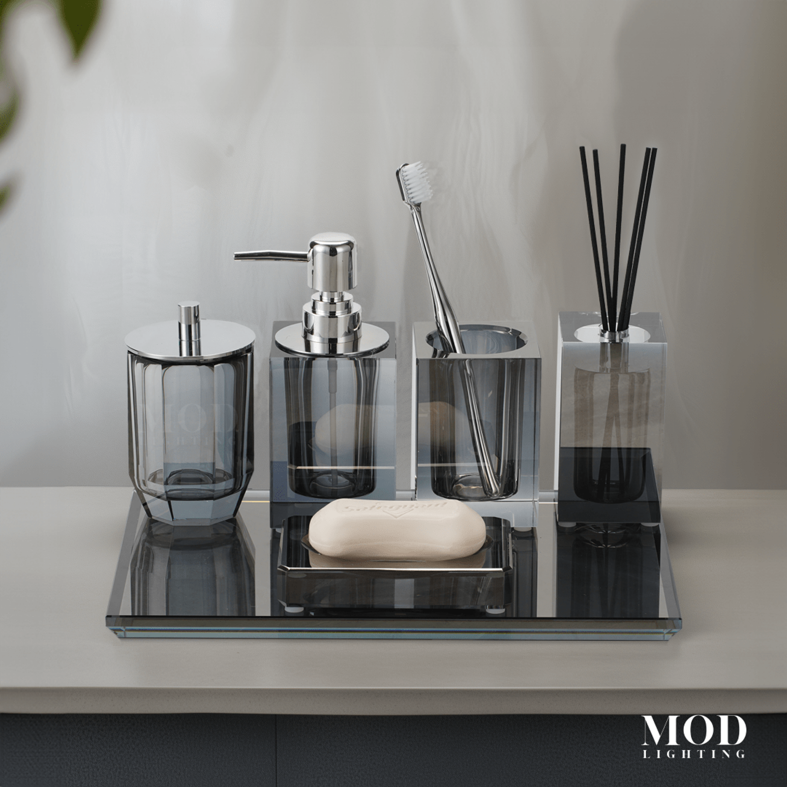 Moonlit Crystal Bath Set in smoked grey glass with soap pump, holders and mirrored tray
