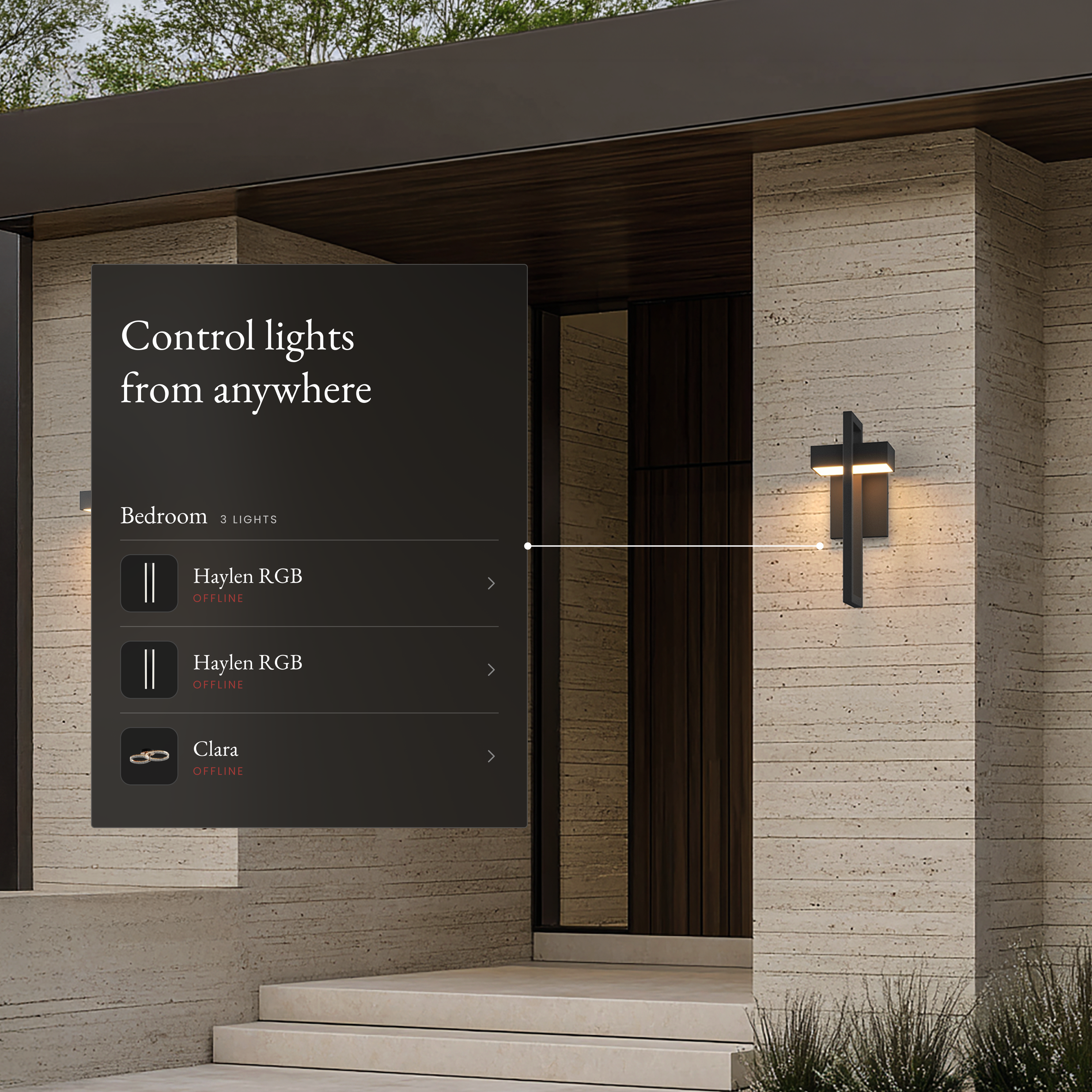 Terri Smart black outdoor sconce on a stone wall beside an app panel controlling lights from anywhere