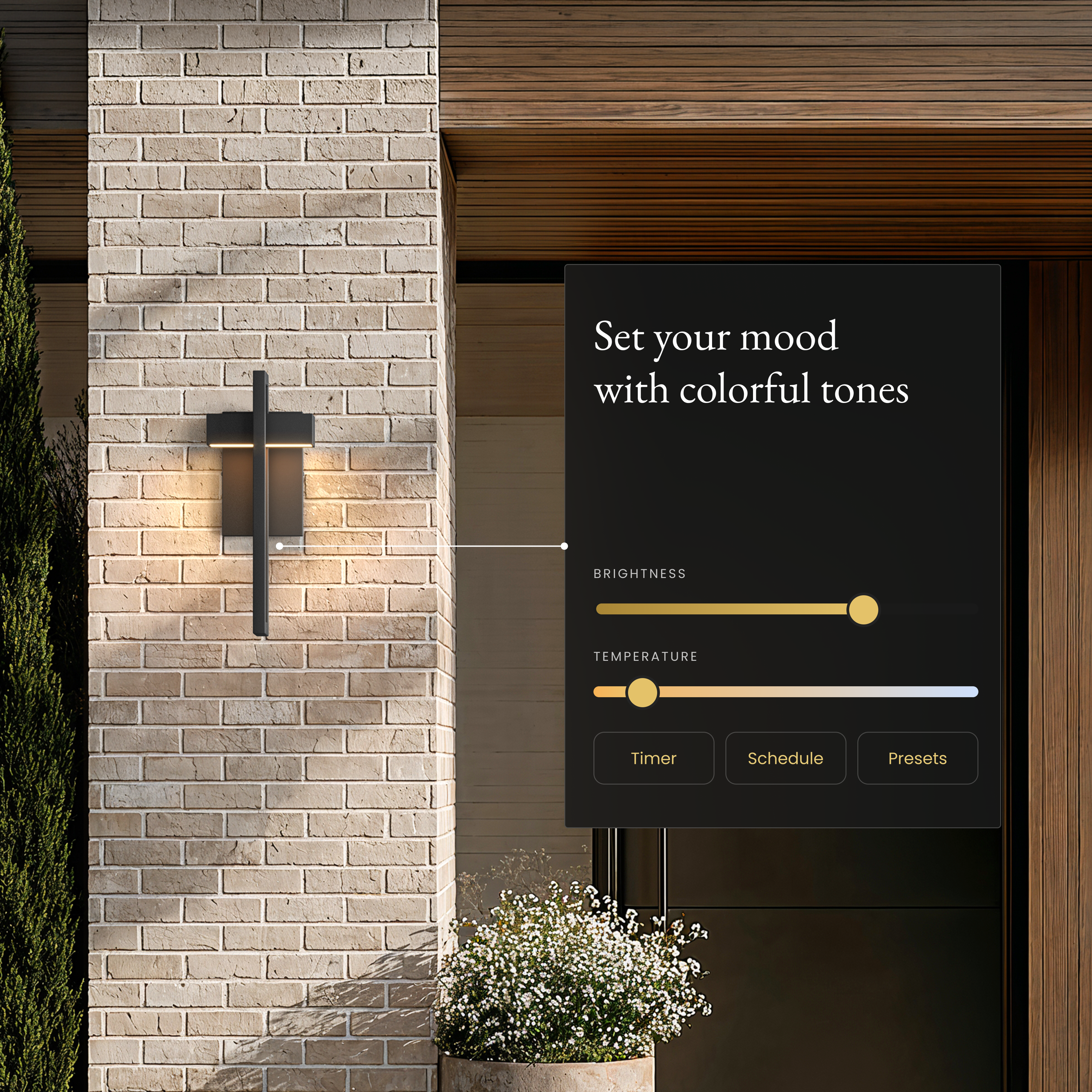 Terri Smart black outdoor sconce on a brick pillar beside an app panel for brightness and color temperature