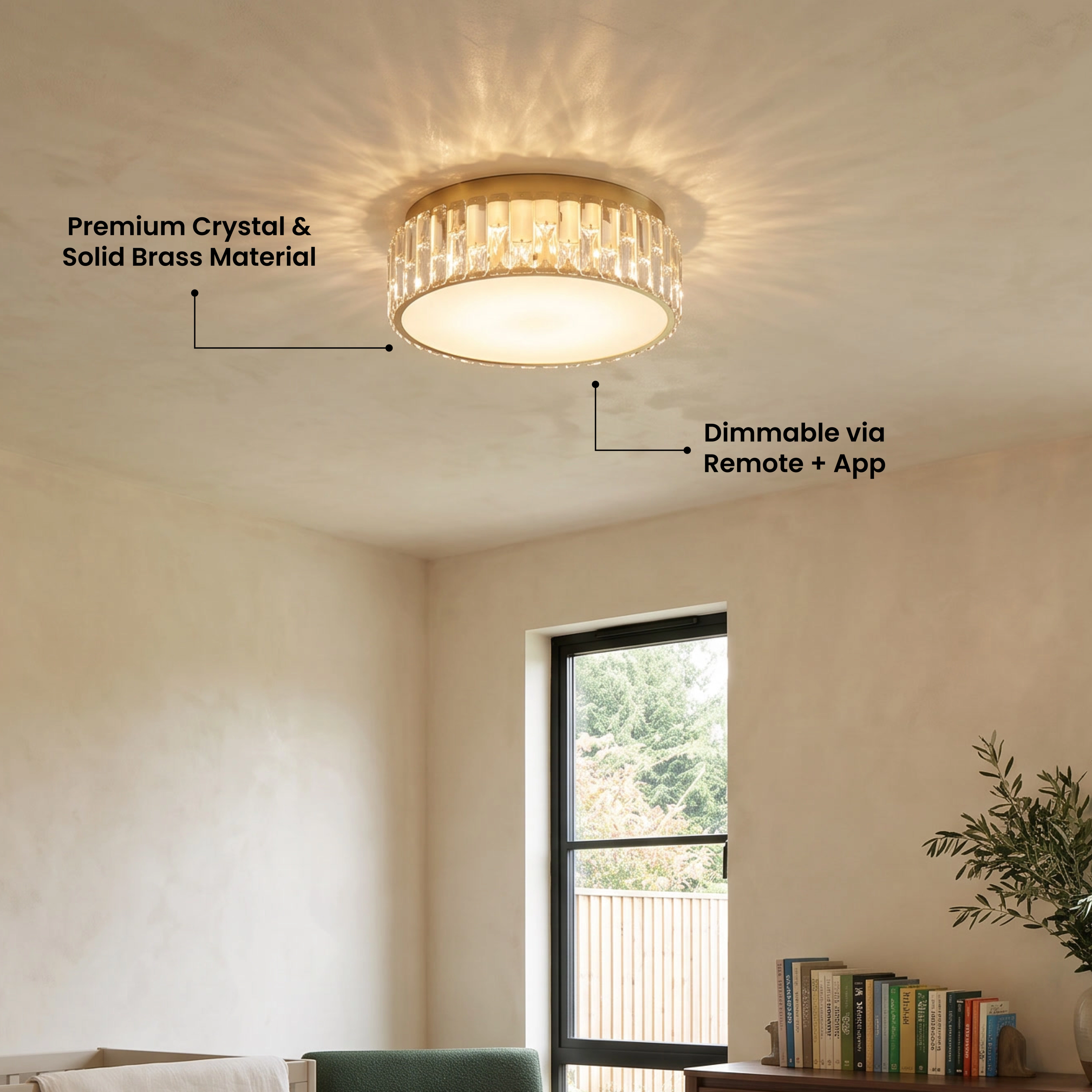 Elara Smart crystal flush mount ceiling light labeled premium crystal and solid brass, dimmable via remote and app