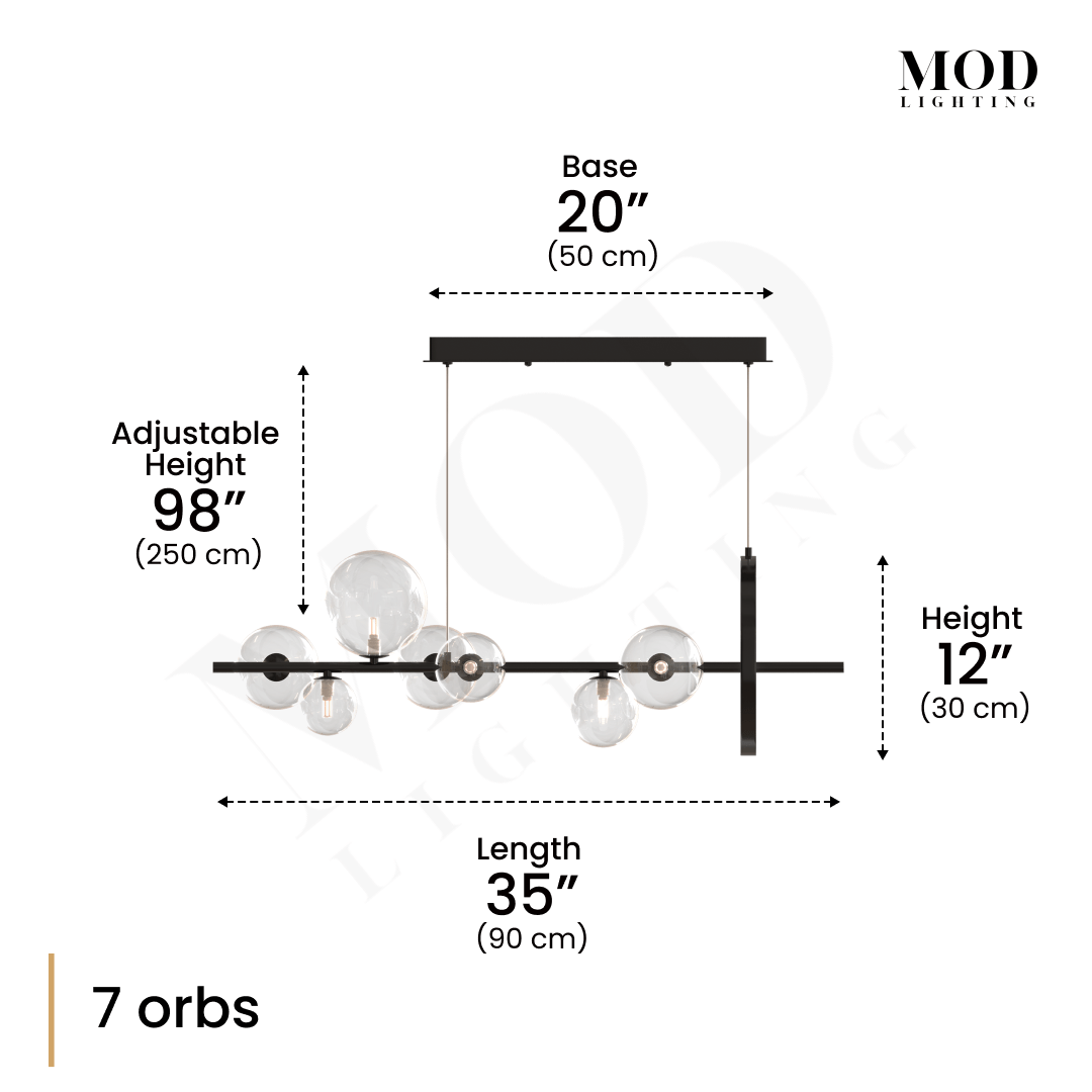 Bailey chandelier dimension diagram, 7-orb version: 35 in length, 20 in base, 12 in height