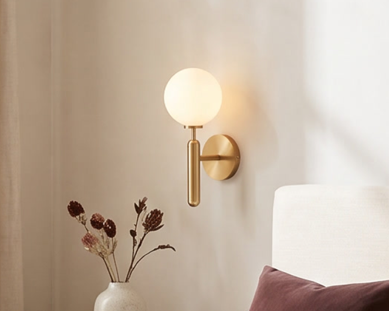 Brass globe wall sconce beside a window