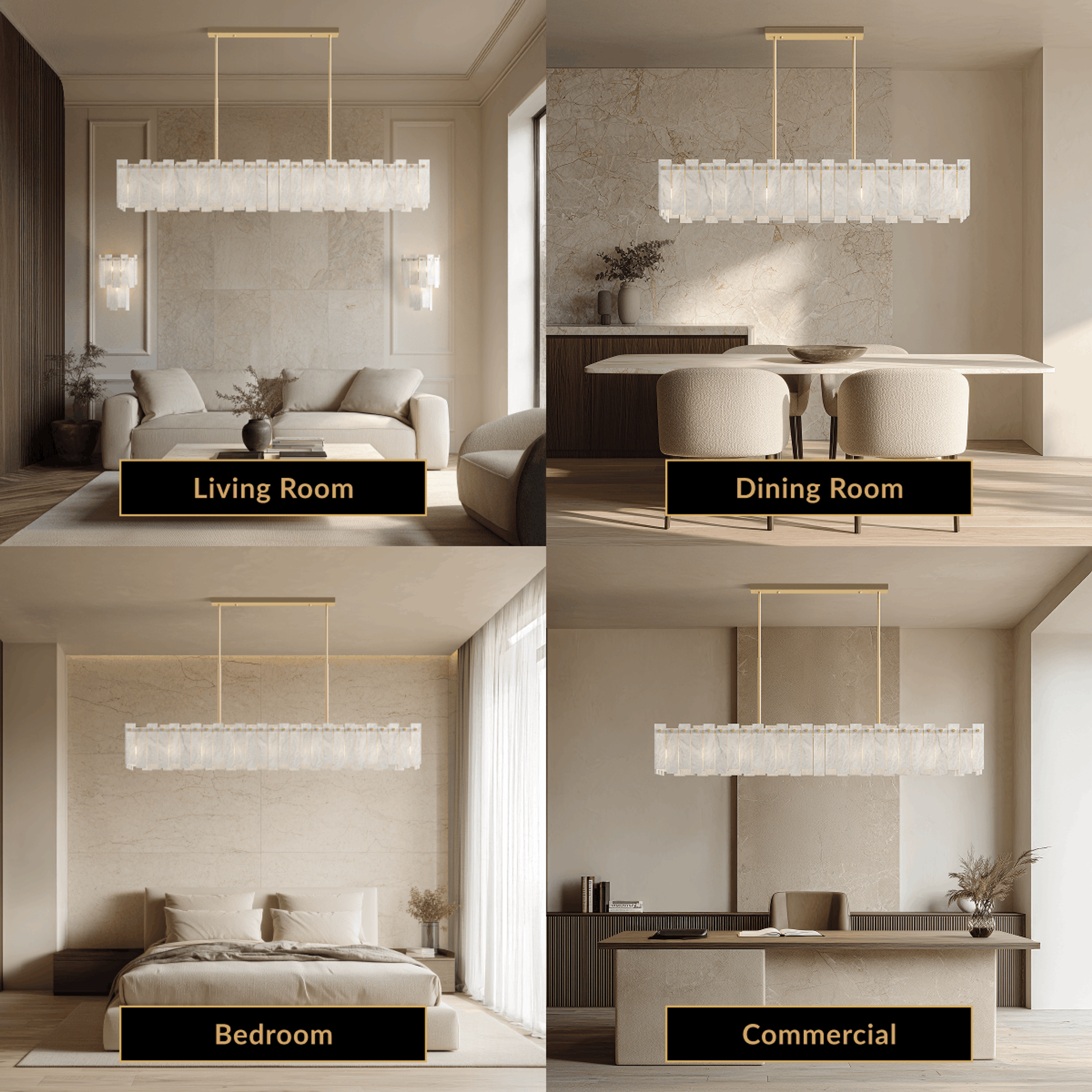 Velina Pendant gold linear alabaster fixture shown in living room, dining room, bedroom and commercial settings