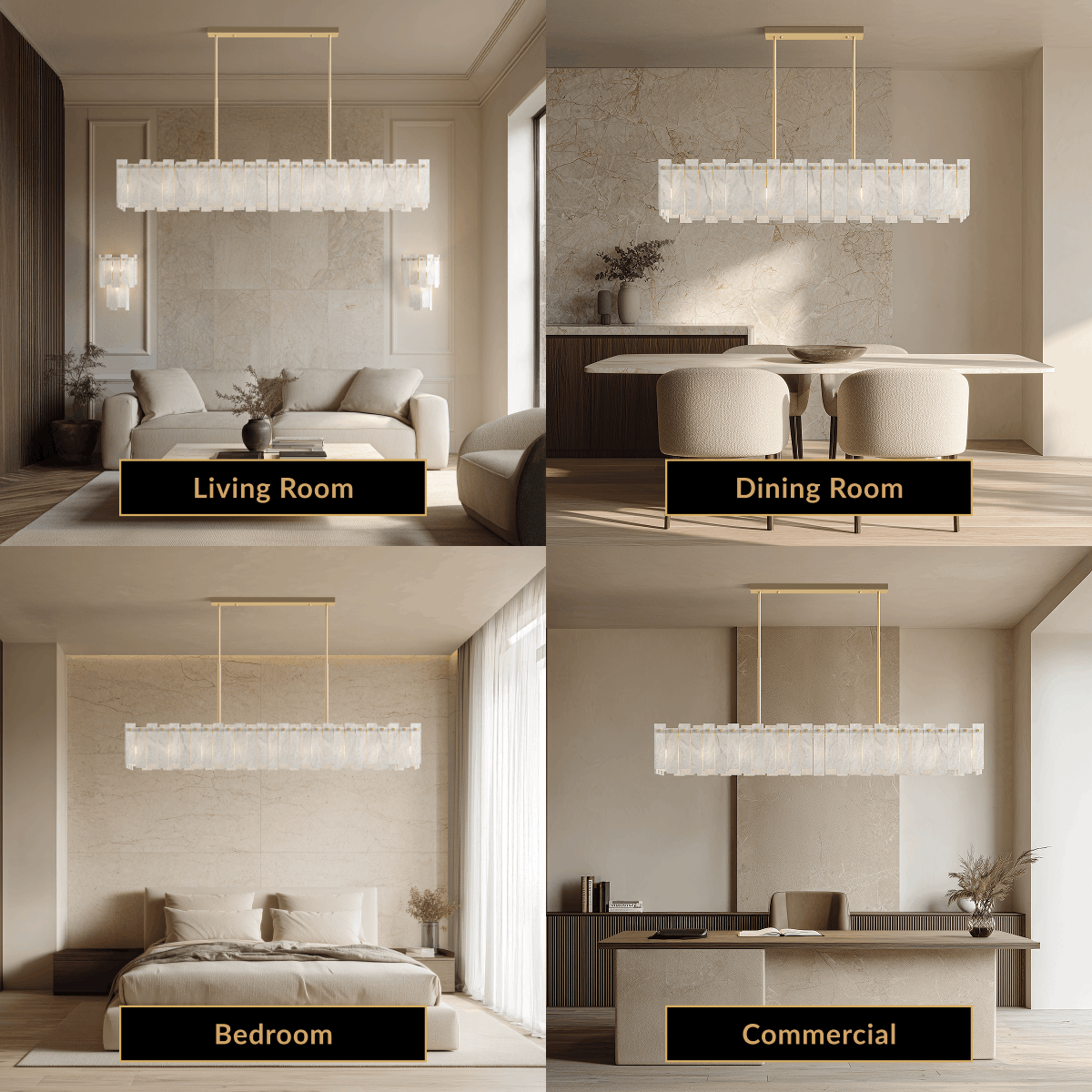 Velina Pendant gold linear alabaster fixture shown in living room, dining room, bedroom and commercial settings