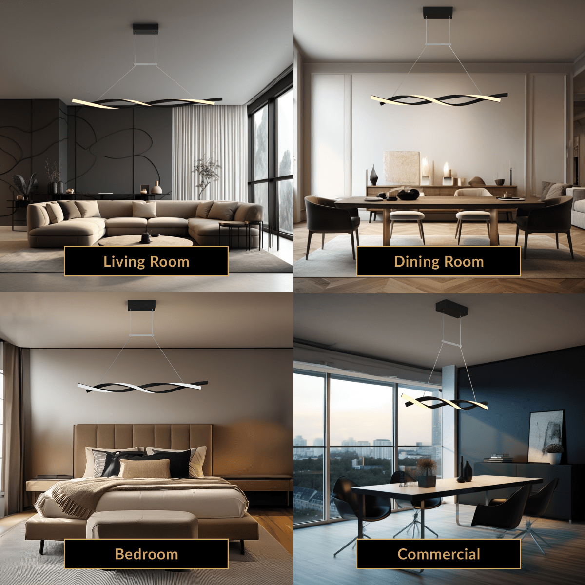 Wavey pendant, two curved wavelike black LED bars suspended over a living room and dining table