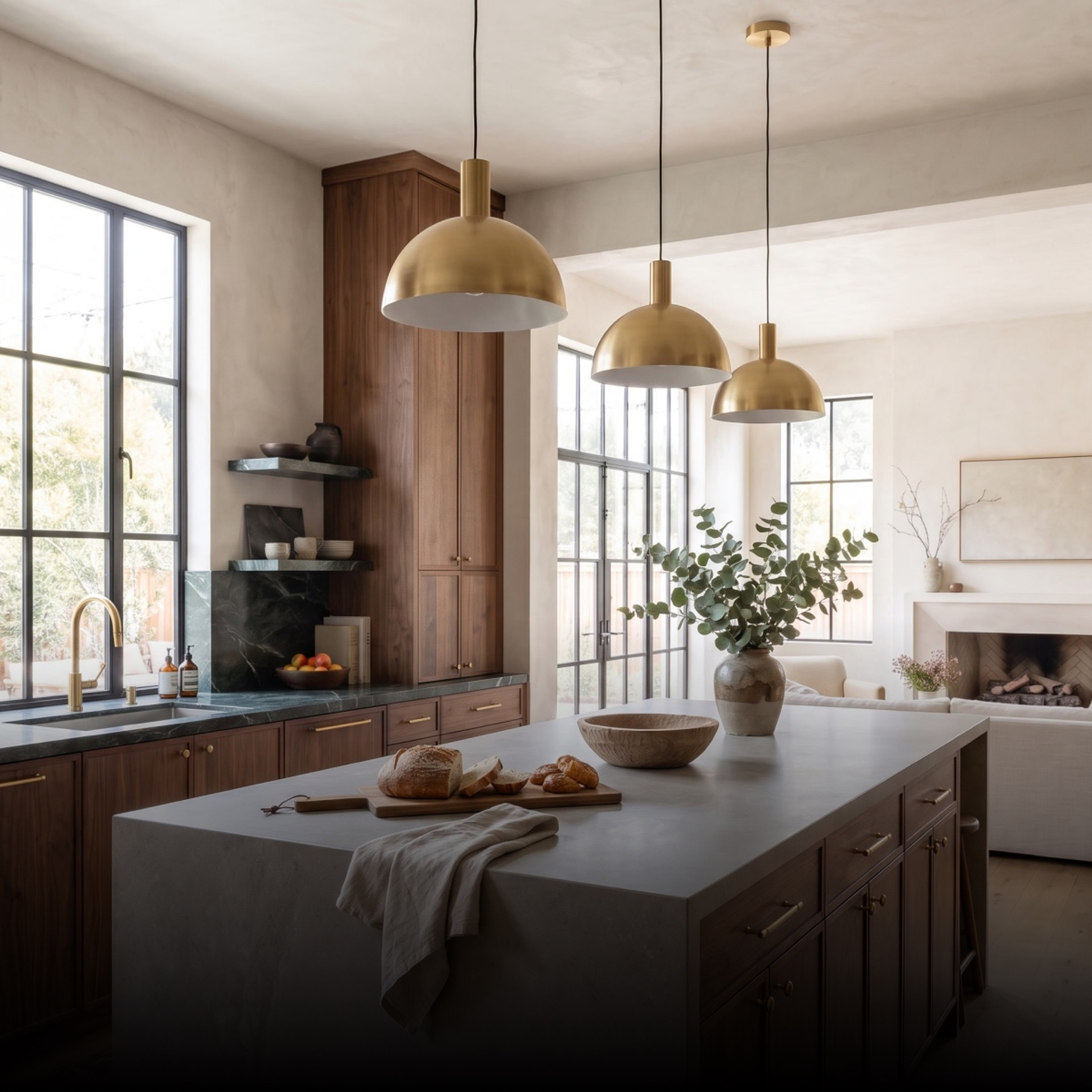 Brass dome pendants above a kitchen island
