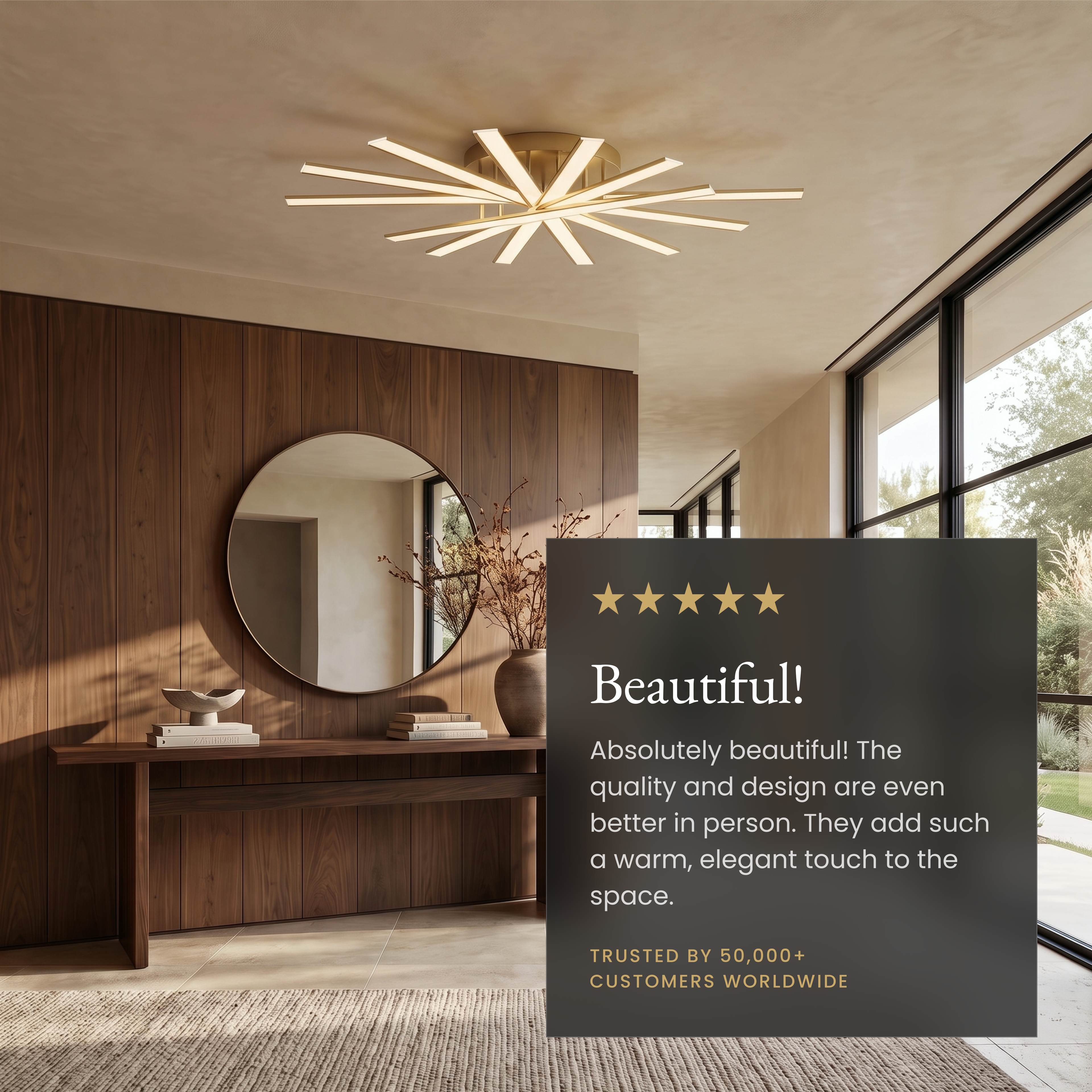 Jayce ceiling light with warm-white LED bars over a sofa, noting slanted-ceiling and replaceable strips