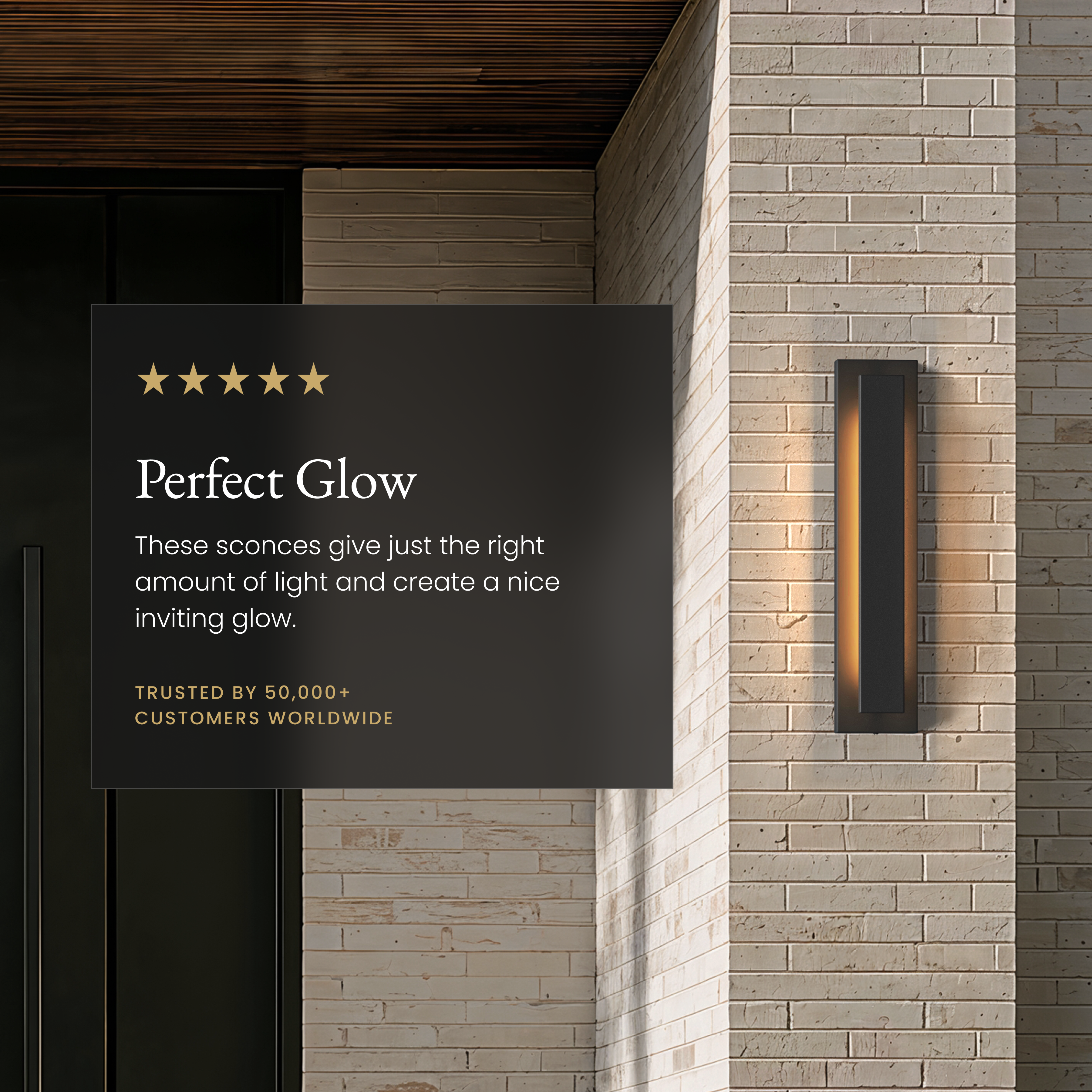 Vetra Smart black vertical LED sconce on brick beside a five-star customer review