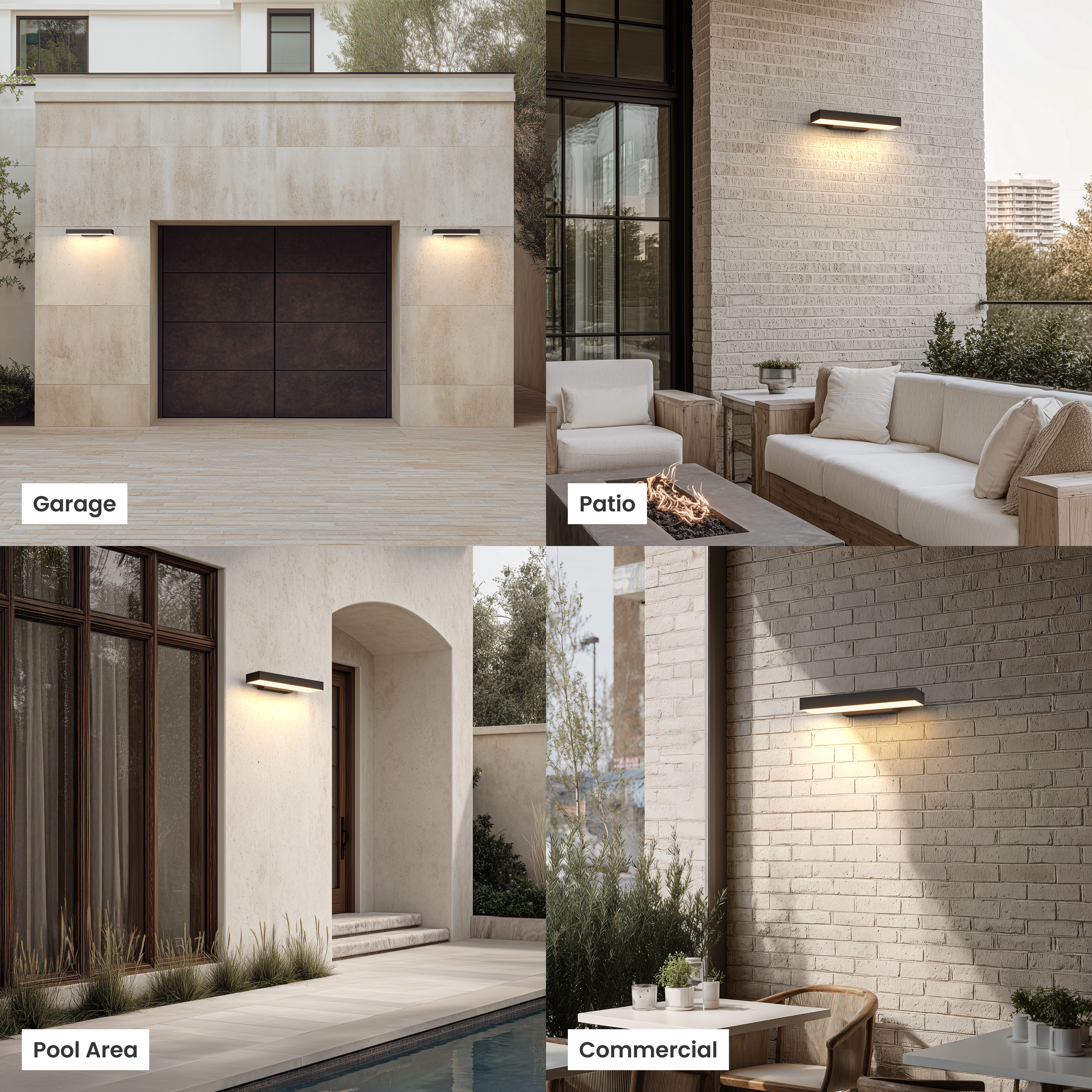 Brook Smart black horizontal outdoor sconce shown at a garage, patio, pool area and commercial building