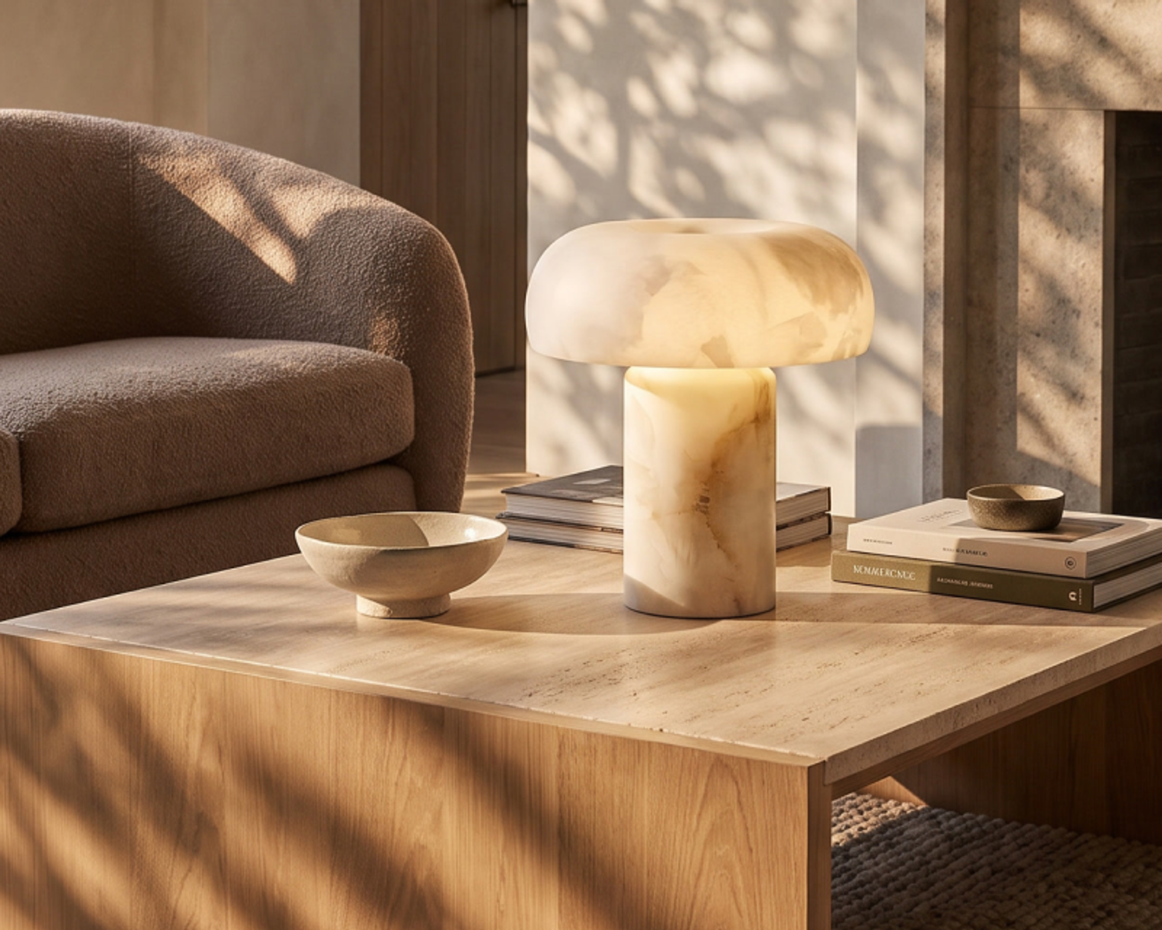Ora alabaster table lamp beside a sofa