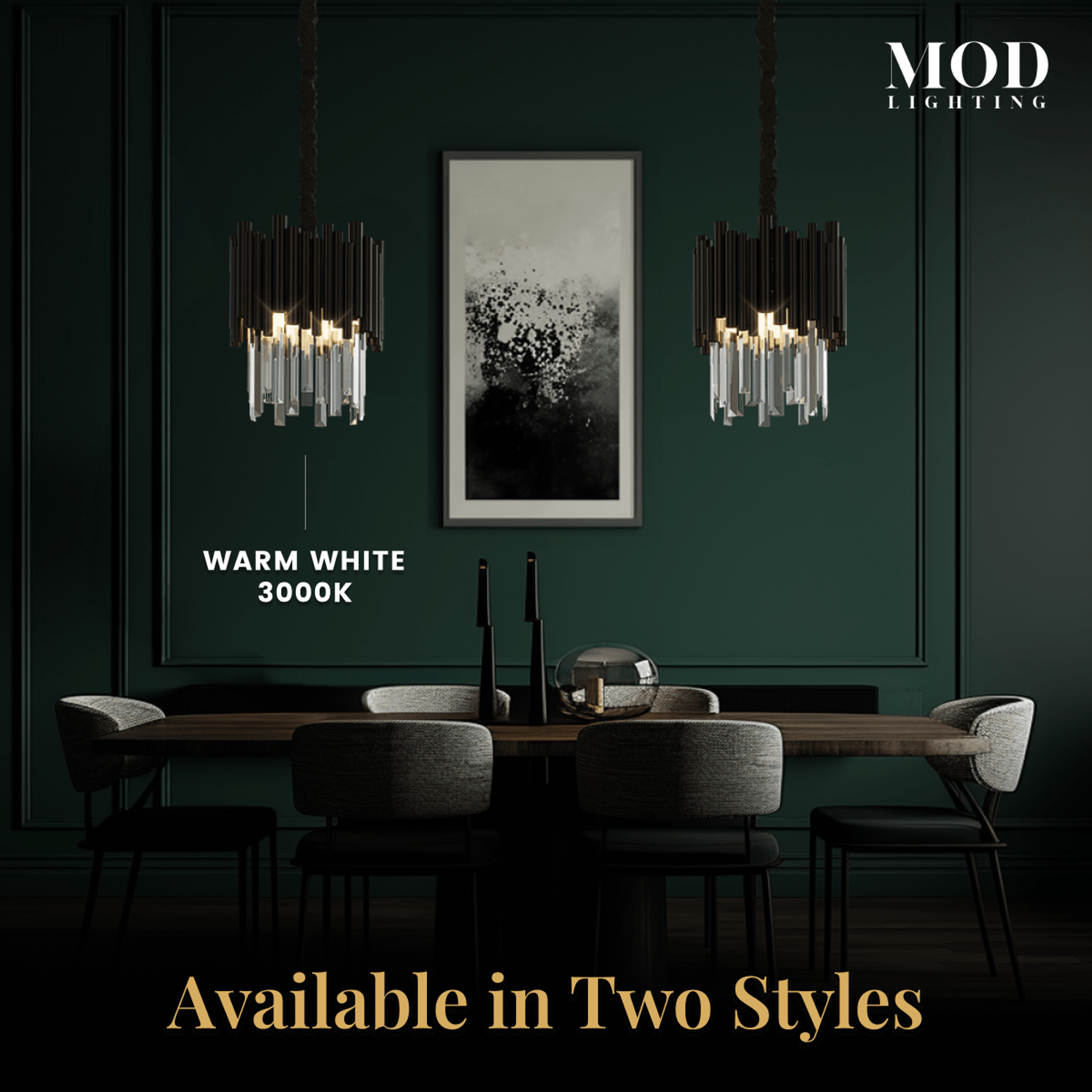 Mini Obsidian black crystal pendants over a dining table in a green-panelled room, warm white 3000K
