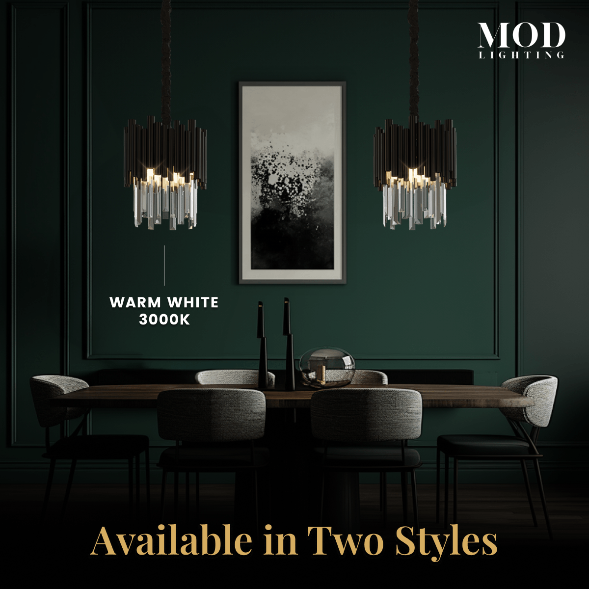 Mini Obsidian black crystal pendants over a dining table in a green-panelled room, warm white 3000K