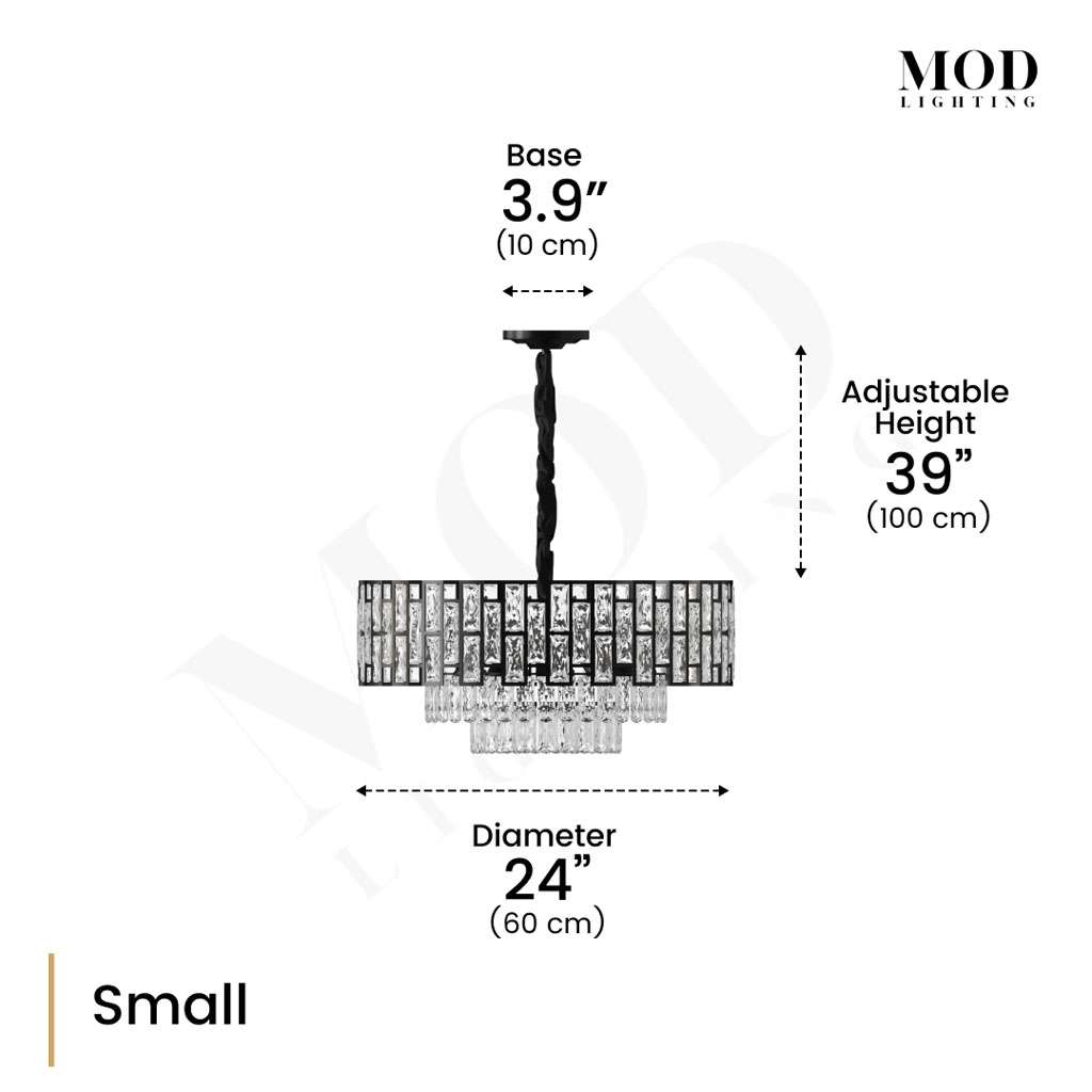 Raven black crystal chandelier dimension diagram: Small, 24 in diameter, 39 in adjustable height