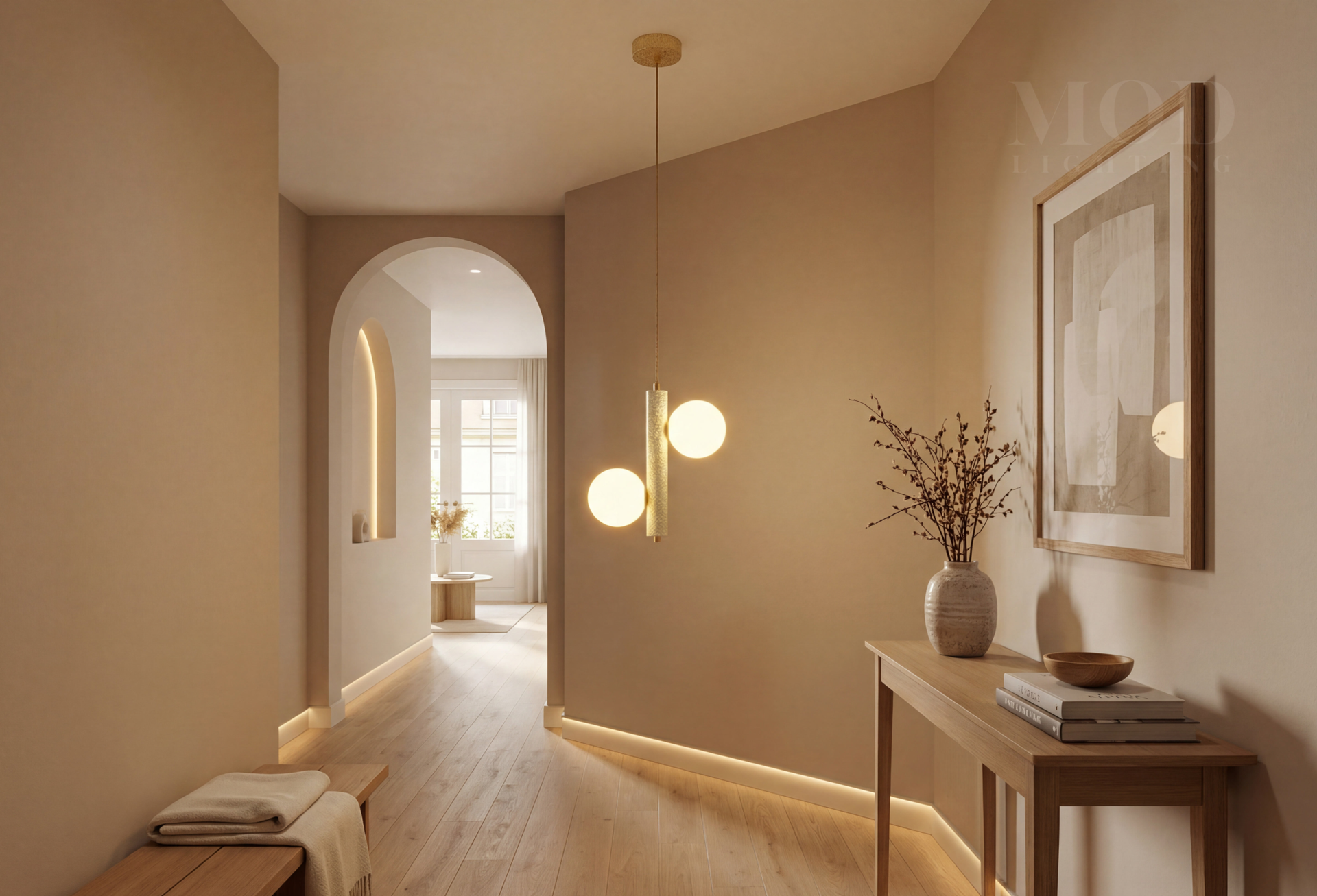 Sculptural statement pendant as sole fixture in a modern foyer