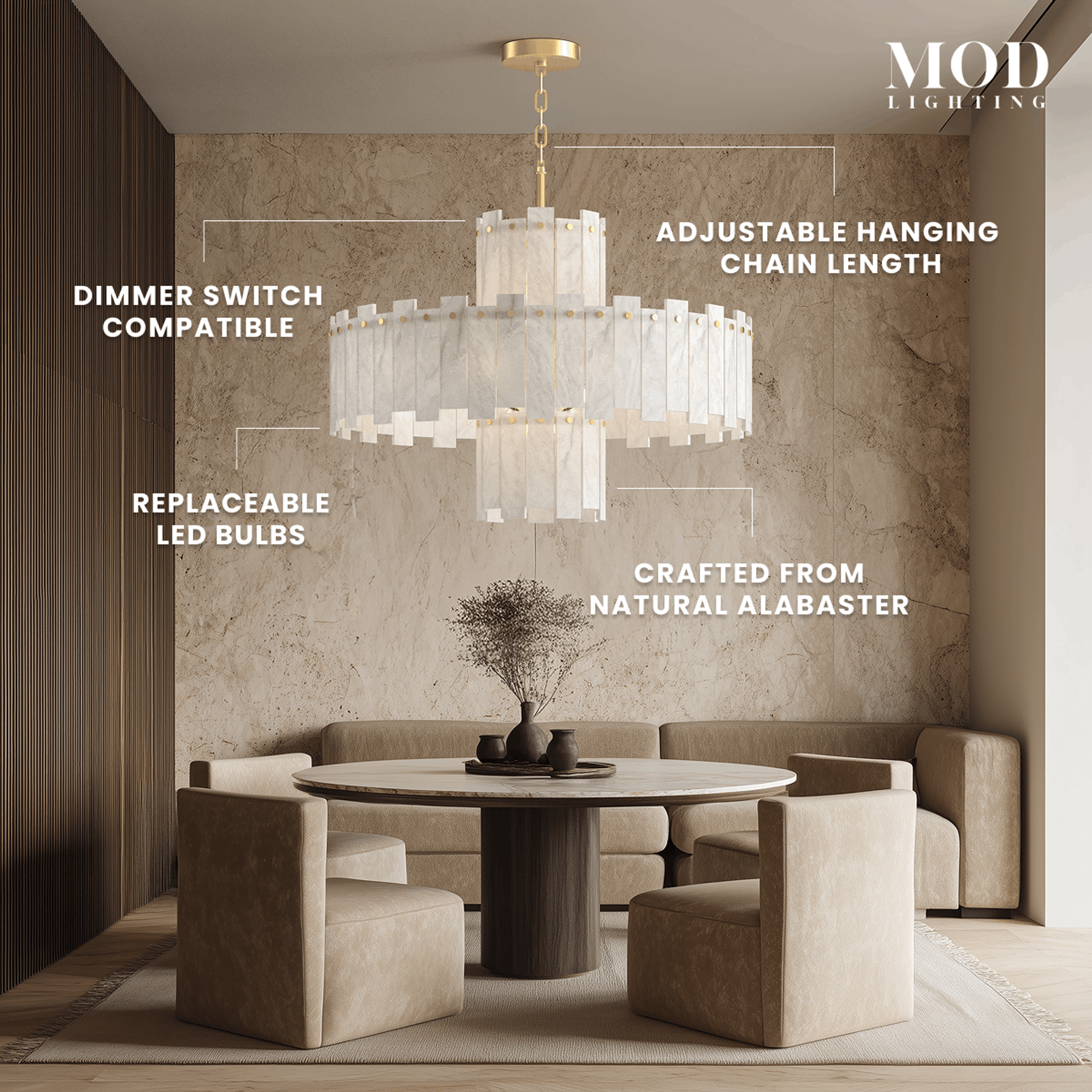 Velina gold alabaster chandelier, tiered stacked panels of white alabaster over a round dining table