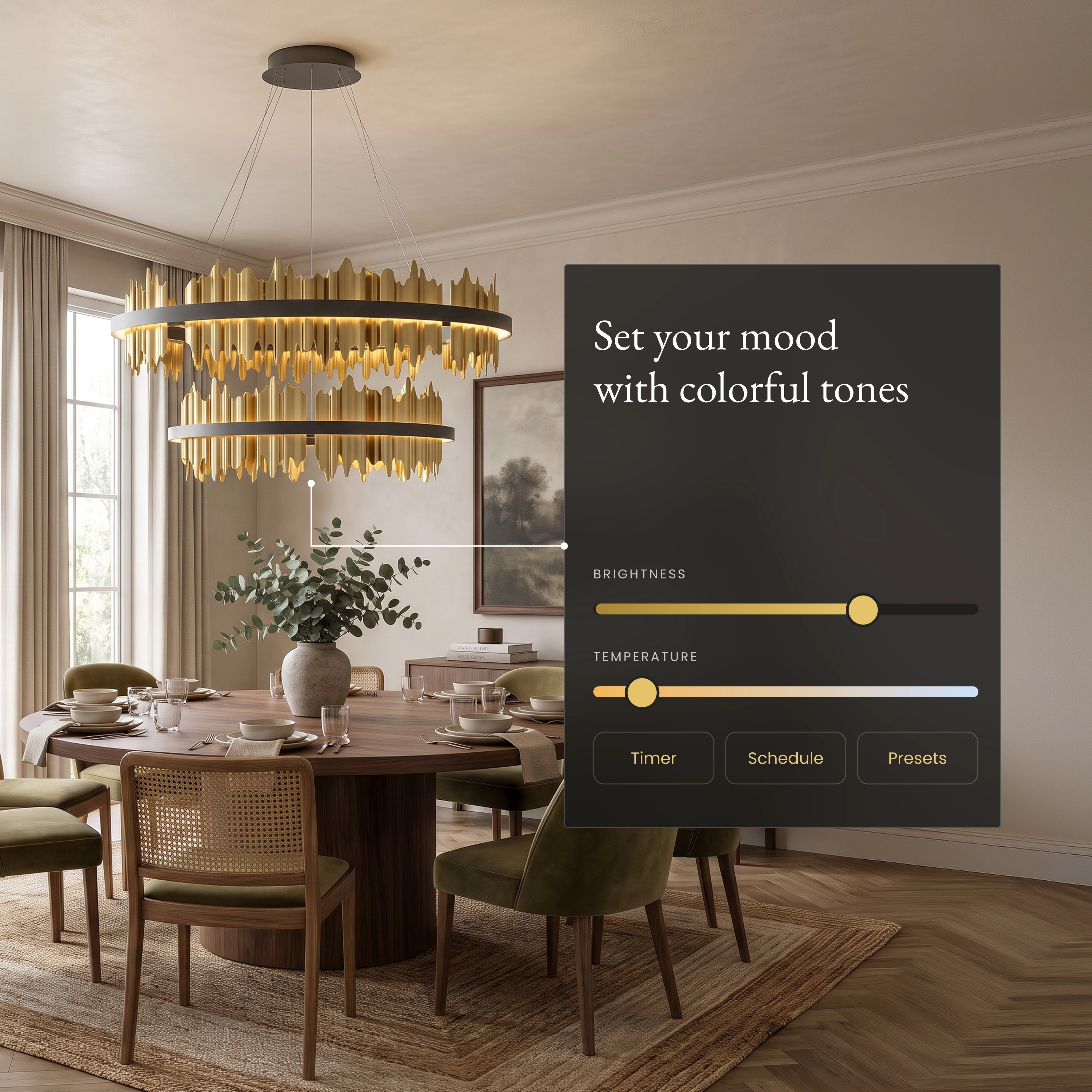 Aurelius Smart chandelier over a dining table with the app brightness and color temperature sliders
