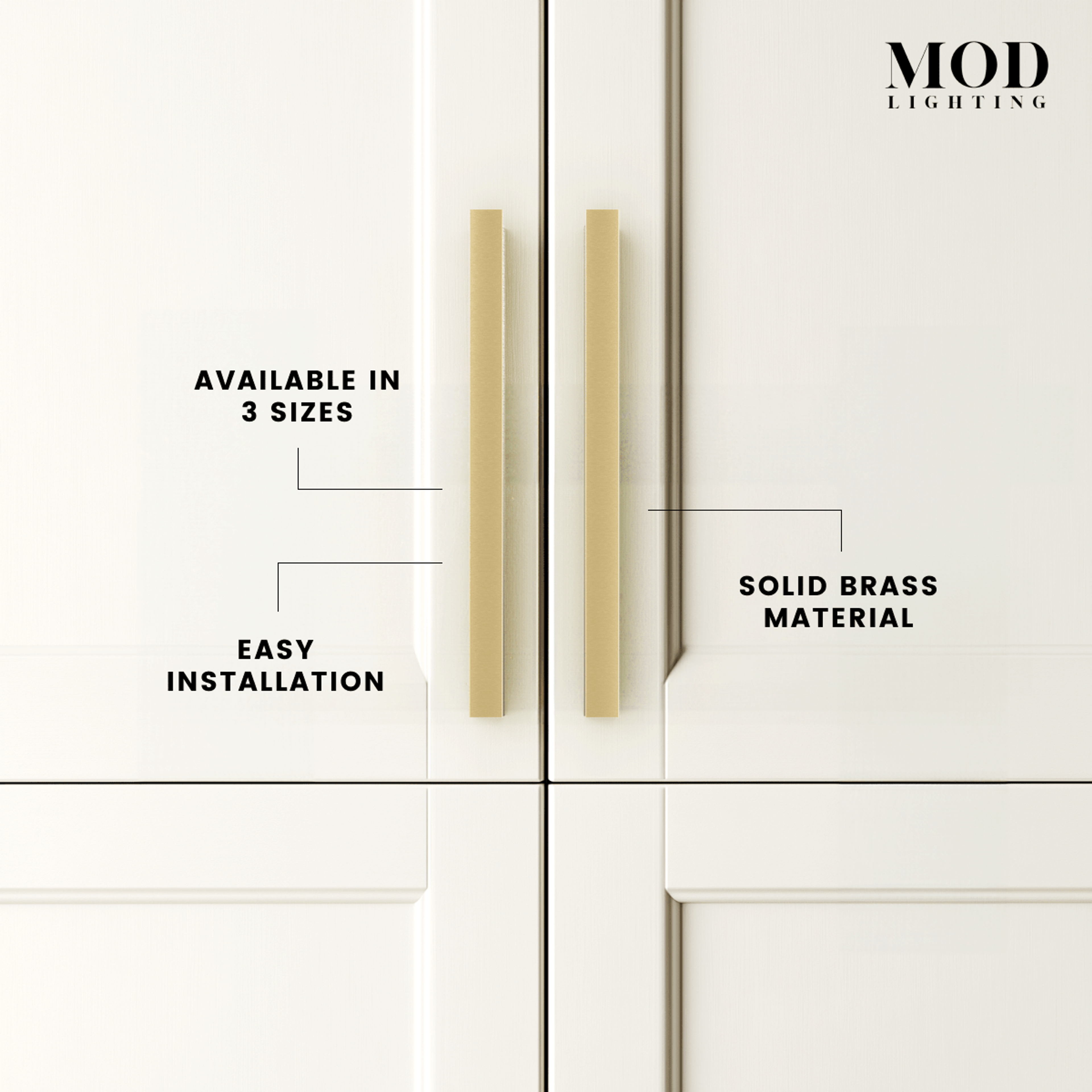 Iris brushed-gold edge cabinet pulls on white doors, labeled solid brass, available in 3 sizes, easy installation