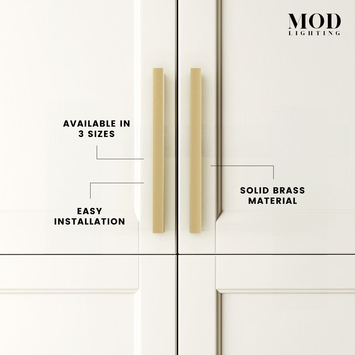Iris brushed-gold edge cabinet pulls on white doors, labeled solid brass, available in 3 sizes, easy installation