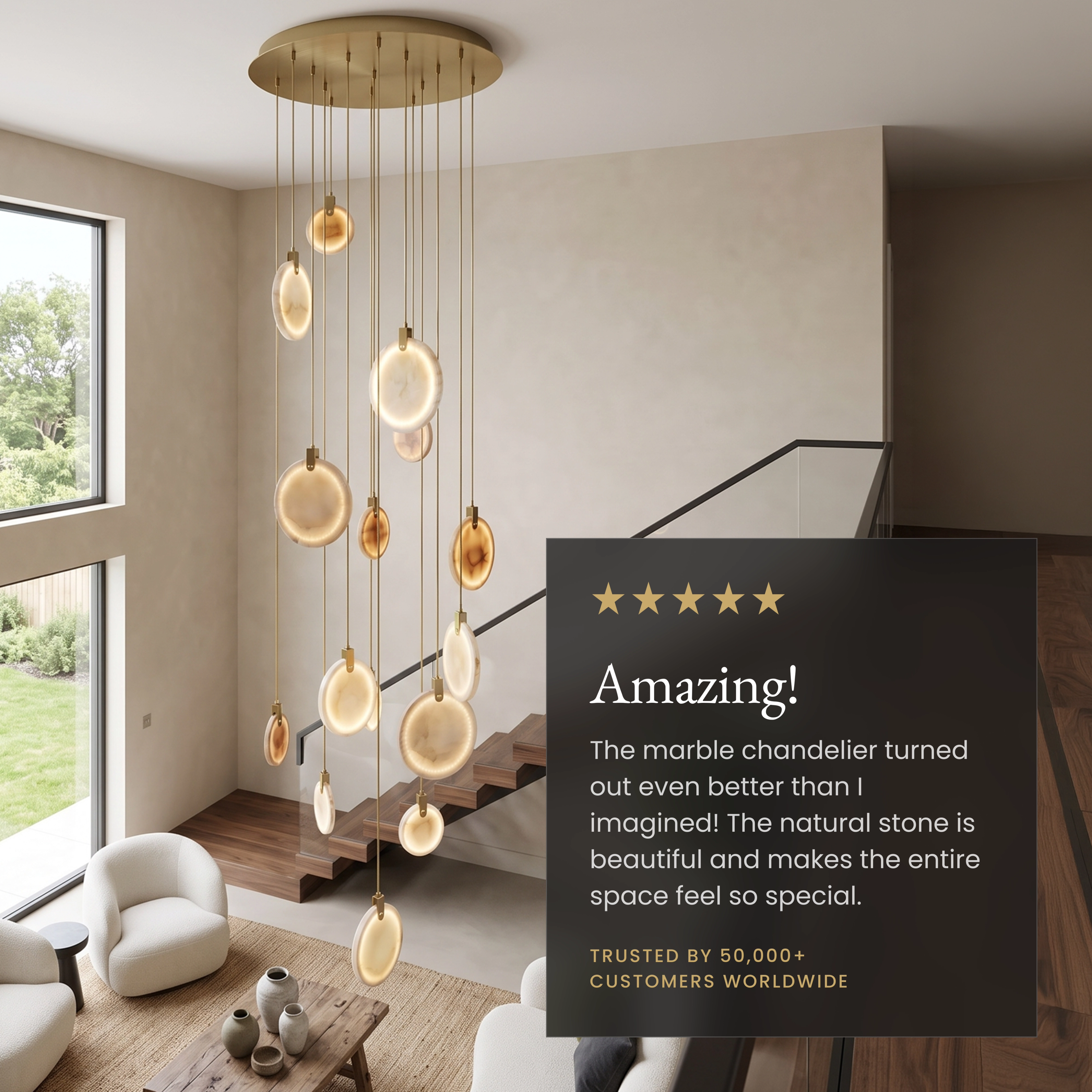 Marble alabaster-disc pendant cluster cascading in a two-story living room; adjustable wire, slanted-ceiling ready