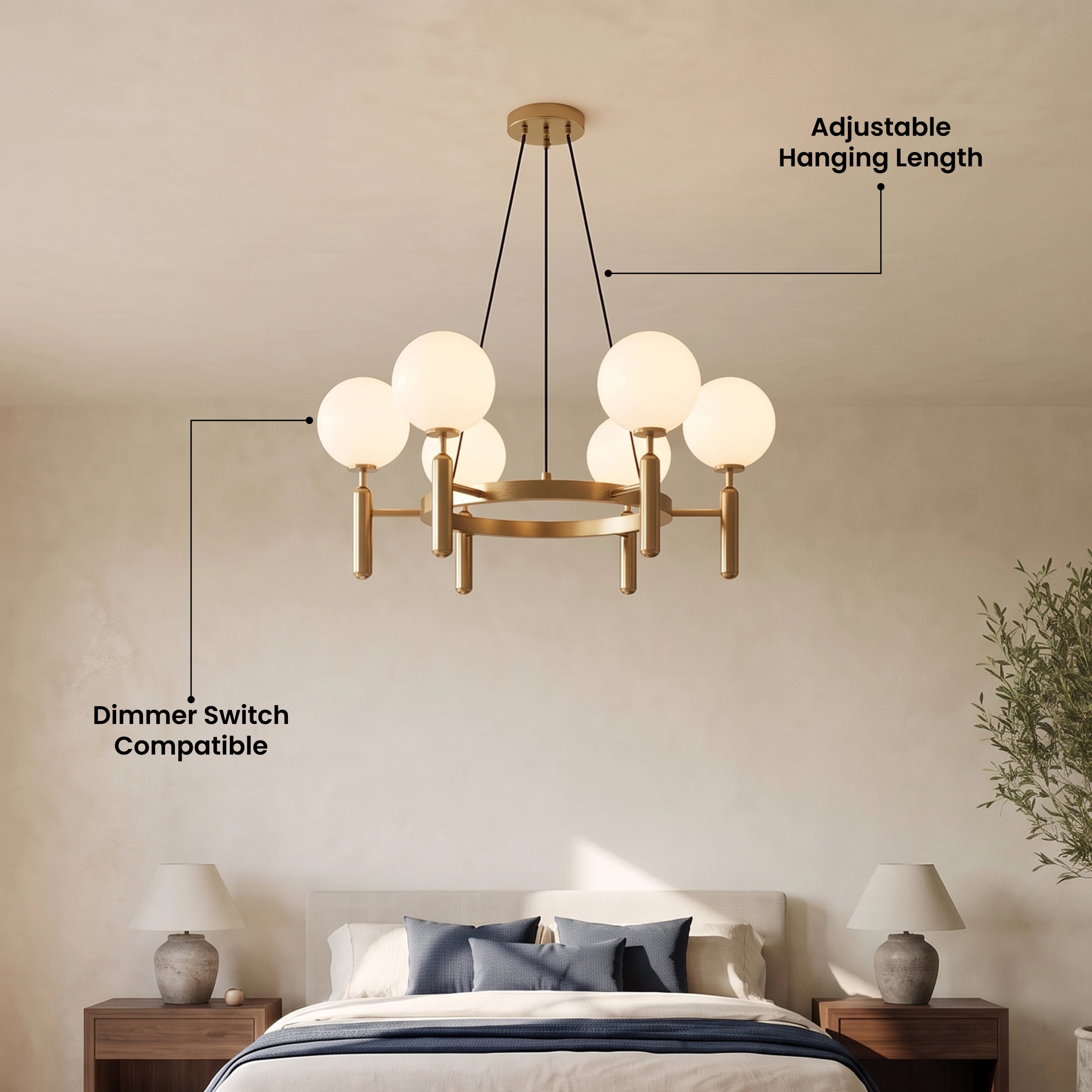 Angelica gold ring chandelier, six white opal-glass globes on a brass hoop, in a paneled stairwell