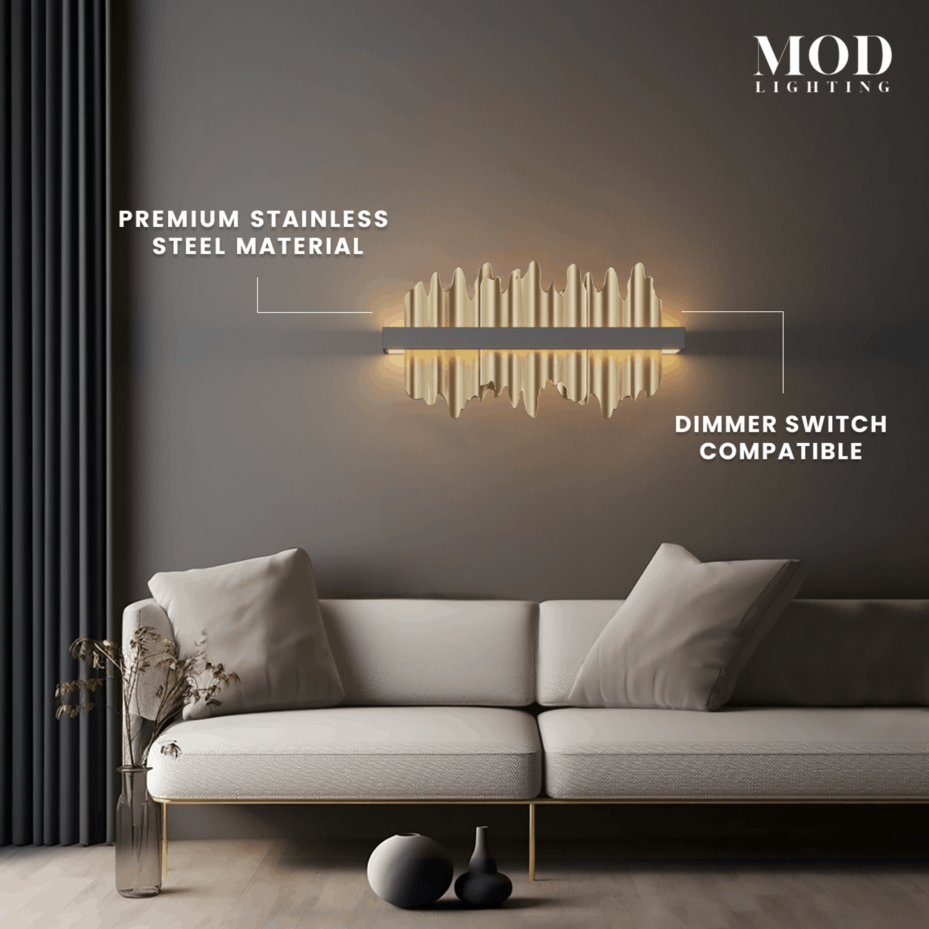 Aurelius wall sconce, horizontal gold bar with crystal spikes mounted above a sofa