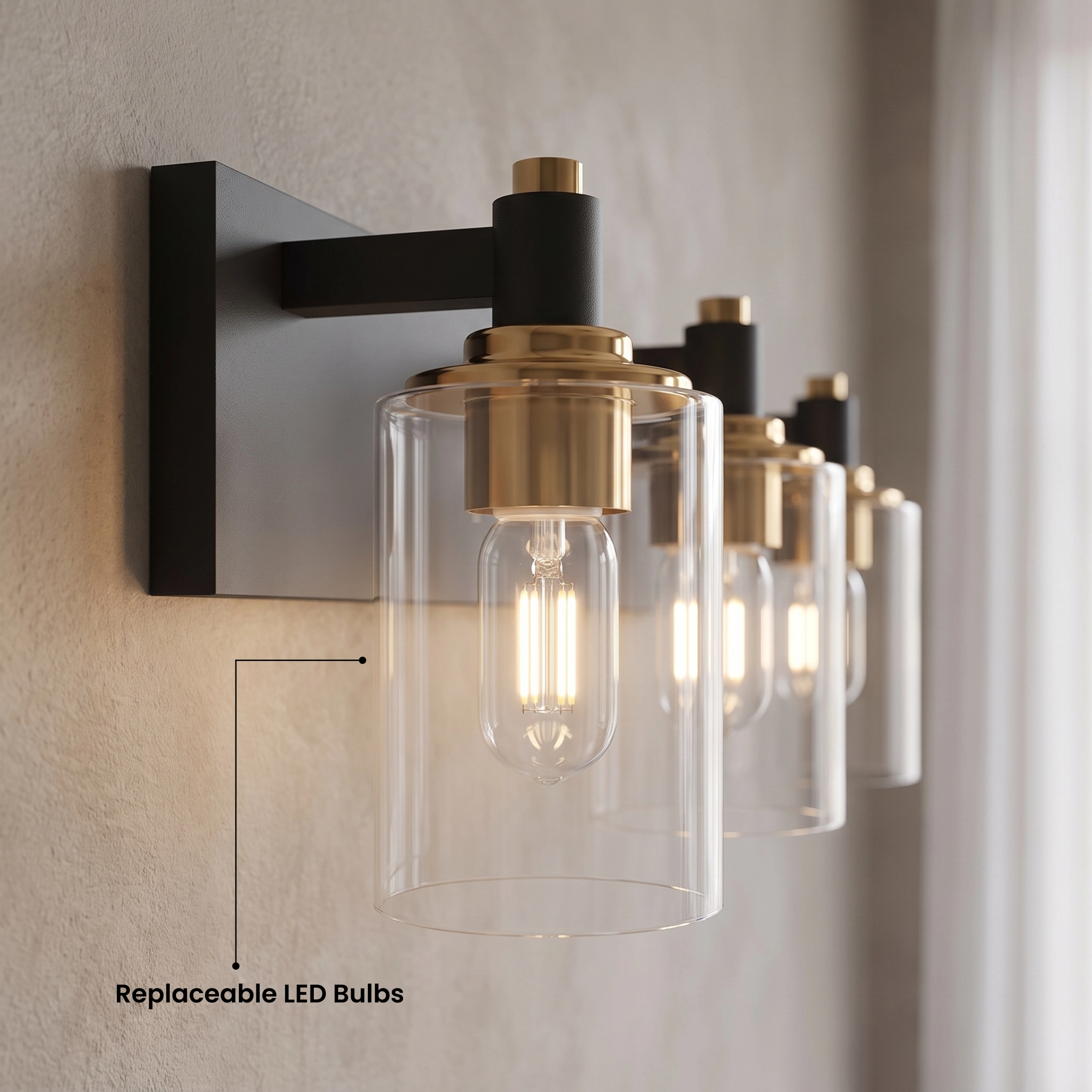 Hazel four-light vanity light shown in warm white 3000K and cool white 6000K over two mirrors