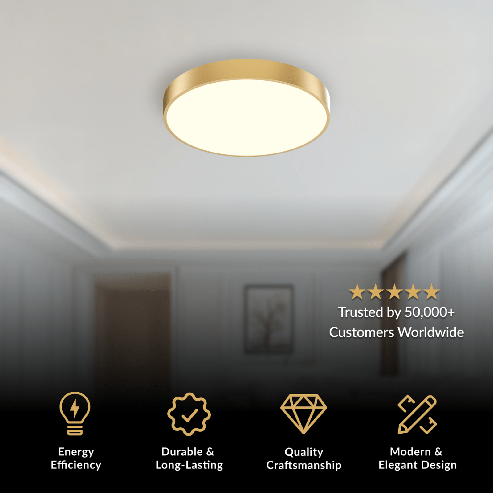 Aria ceiling light, round brushed gold flush mount with matte diffuser casting a warm glow