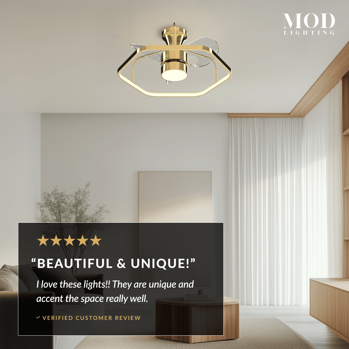Virelle gold caged ceiling fan light mounted in a bright living room