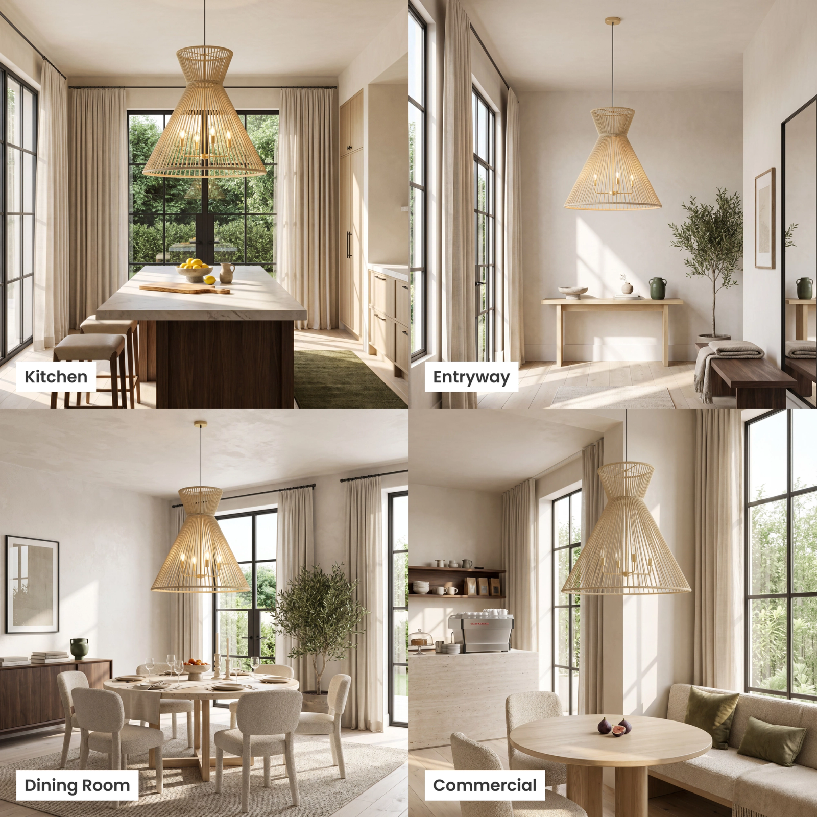 Isla chandelier, tapered woven natural fiber pendant with interior bulbs in a bright room