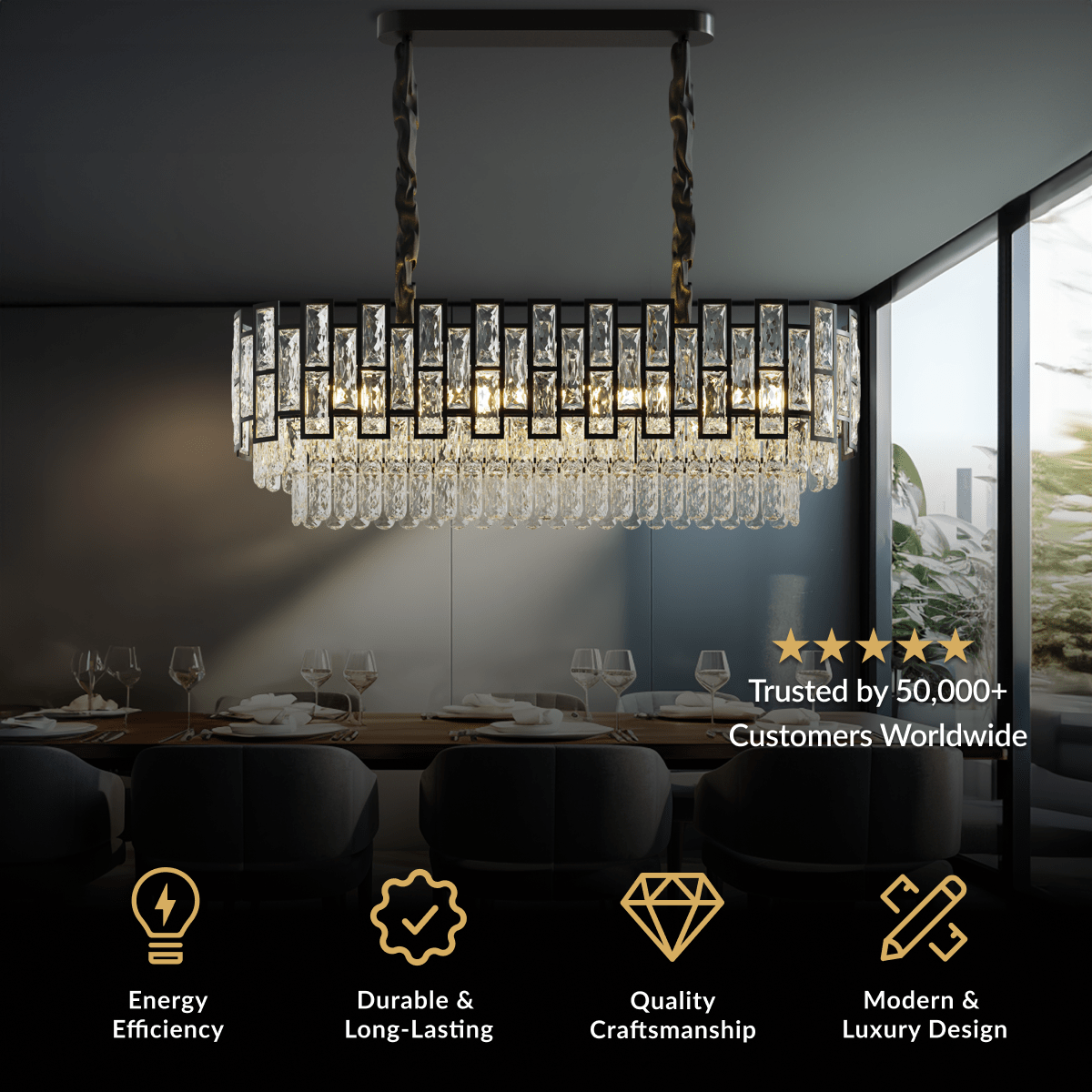 Raven Pendant, rectangular black frame with clear crystal rods, suspended over a dining table