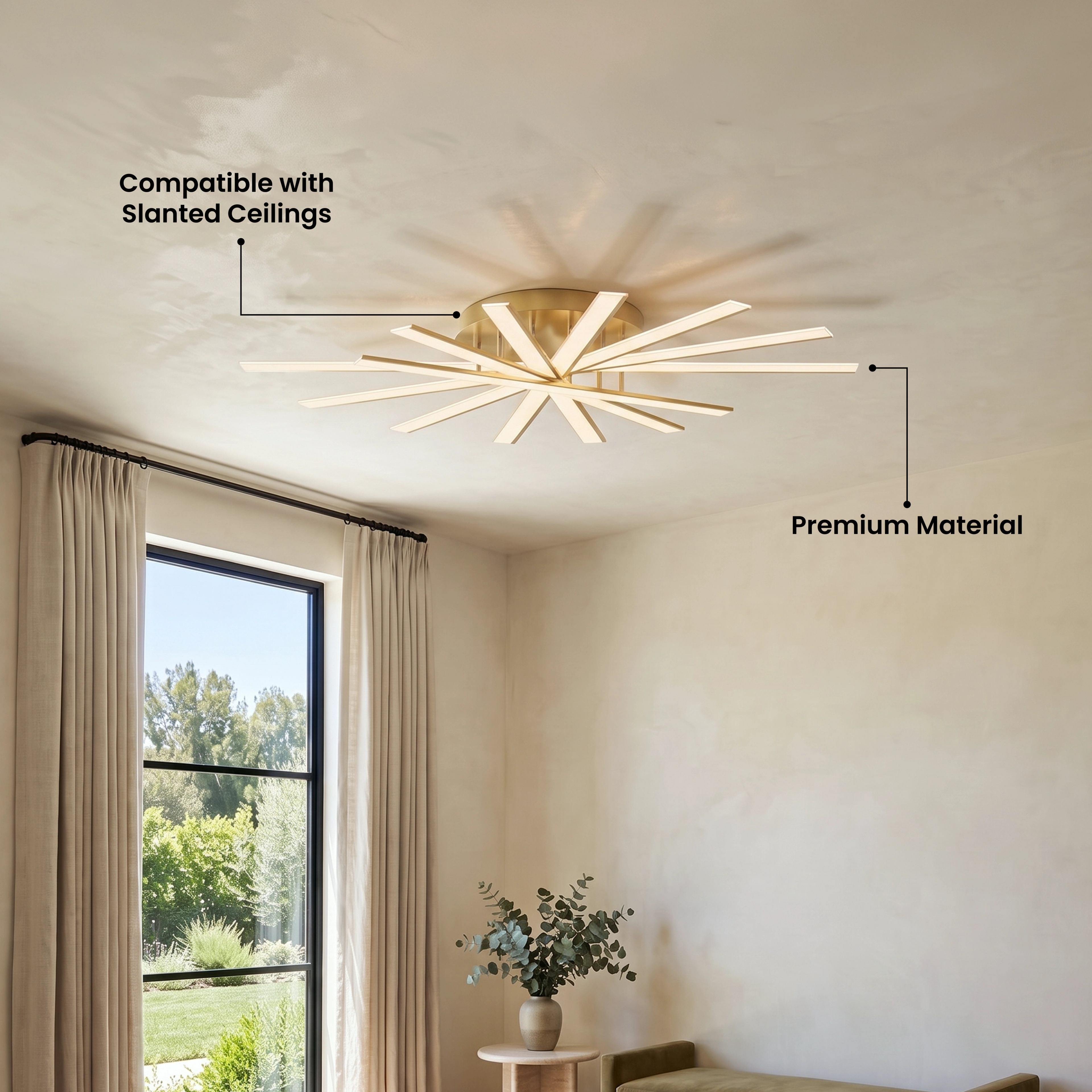 Jayce ceiling light with crossed LED bars glowing warm white in a modern bedroom, five-star review overlay