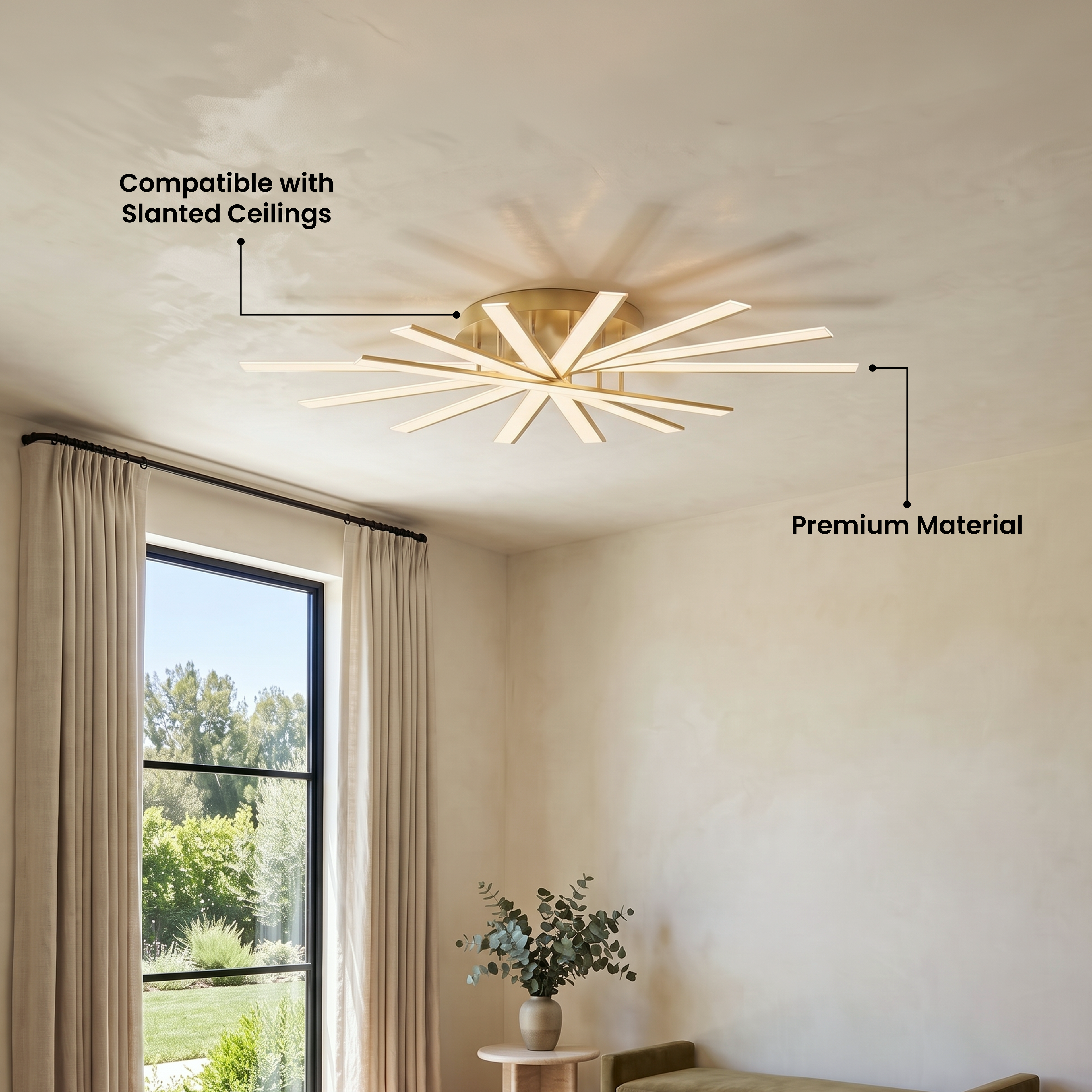Jayce ceiling light with crossed LED bars glowing warm white in a modern bedroom, five-star review overlay