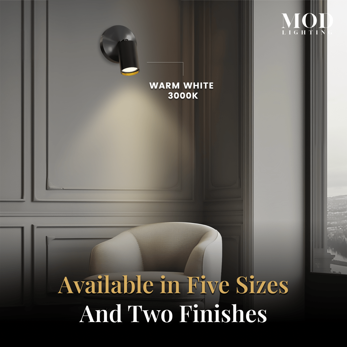 Harris black cylinder track light on a panelled wall glowing warm white, noting five sizes and two finishes