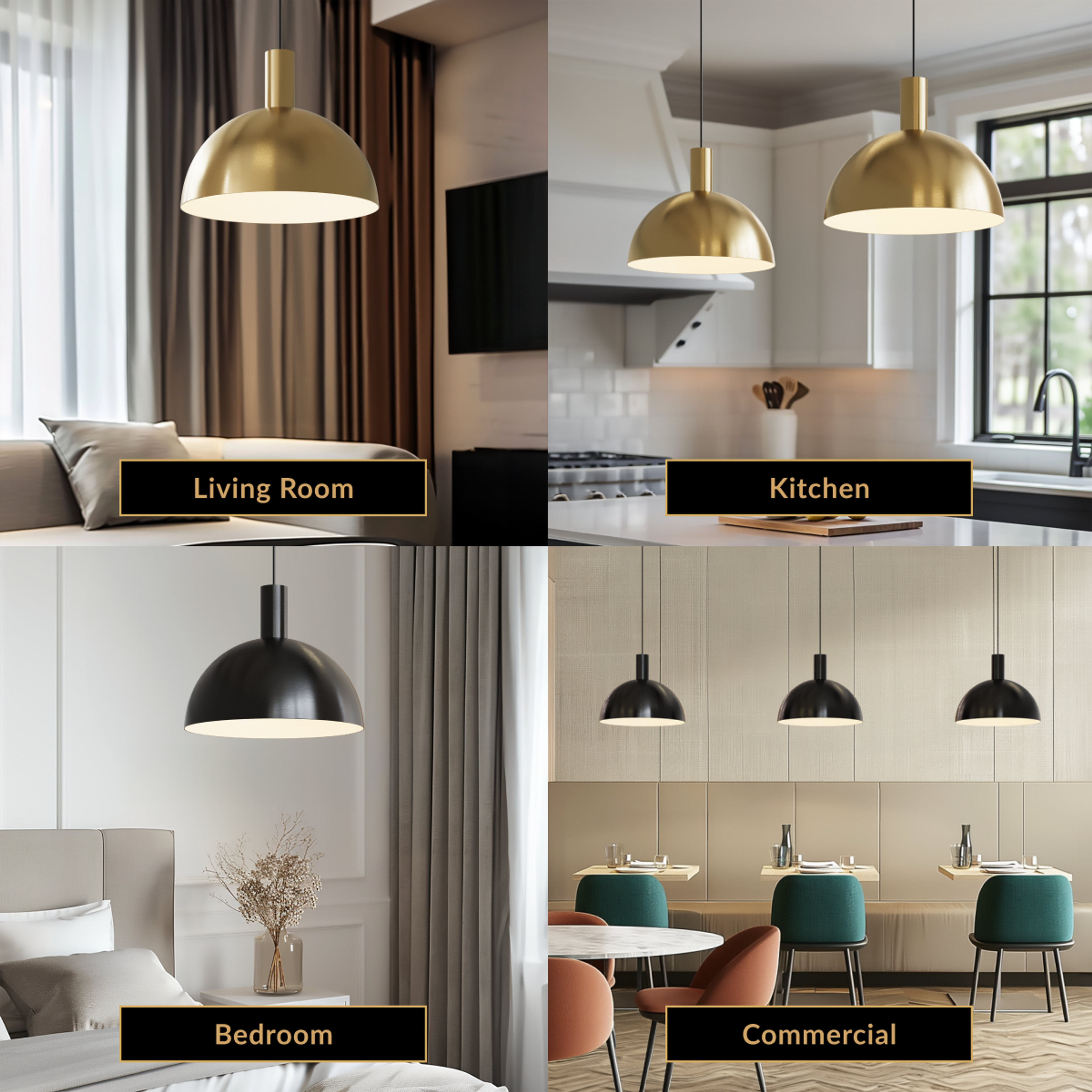 Kinsley gold and black dome pendants shown in living room, kitchen, bedroom and commercial settings