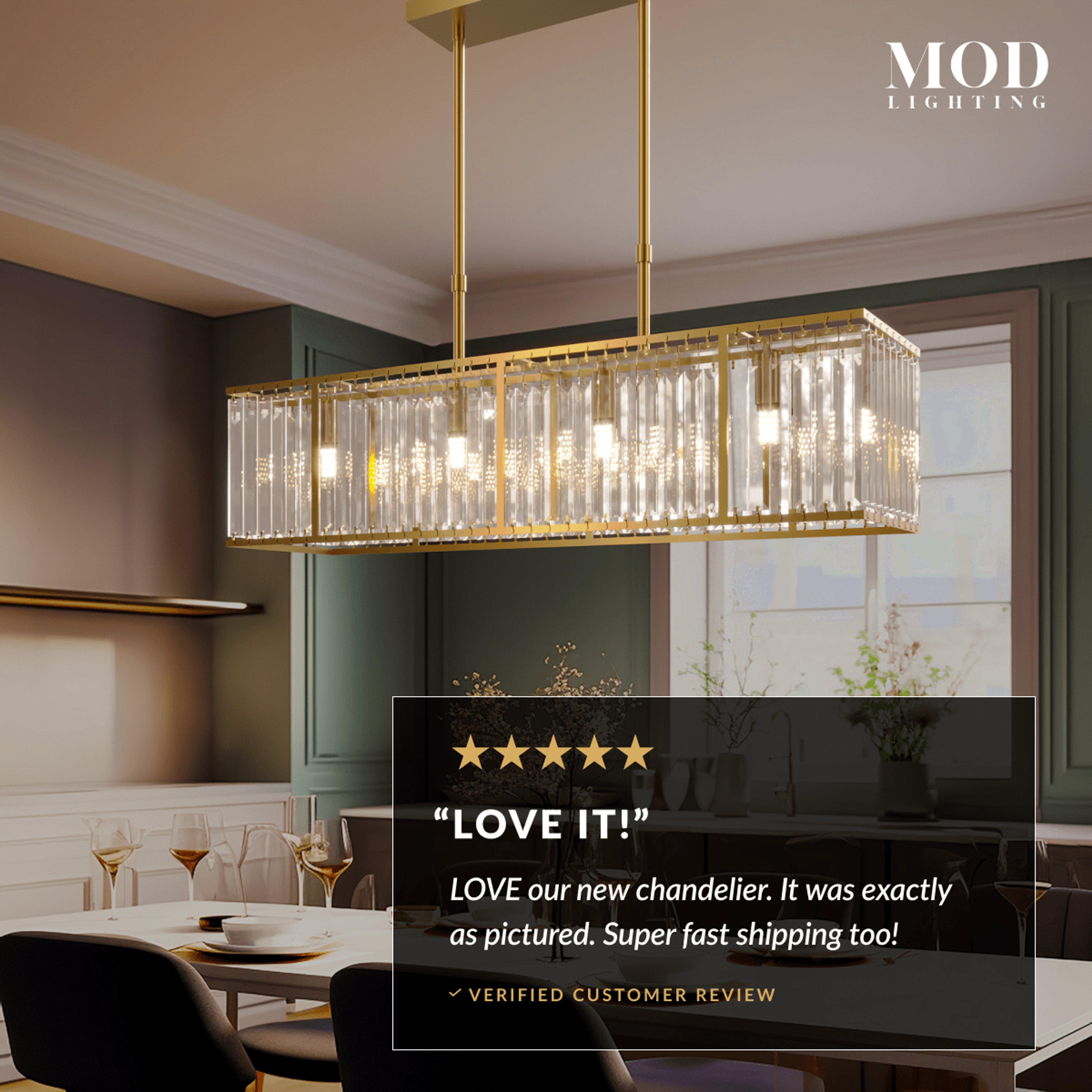 Gabriella gold rectangular crystal-bar chandelier over a dining table beside a customer review card