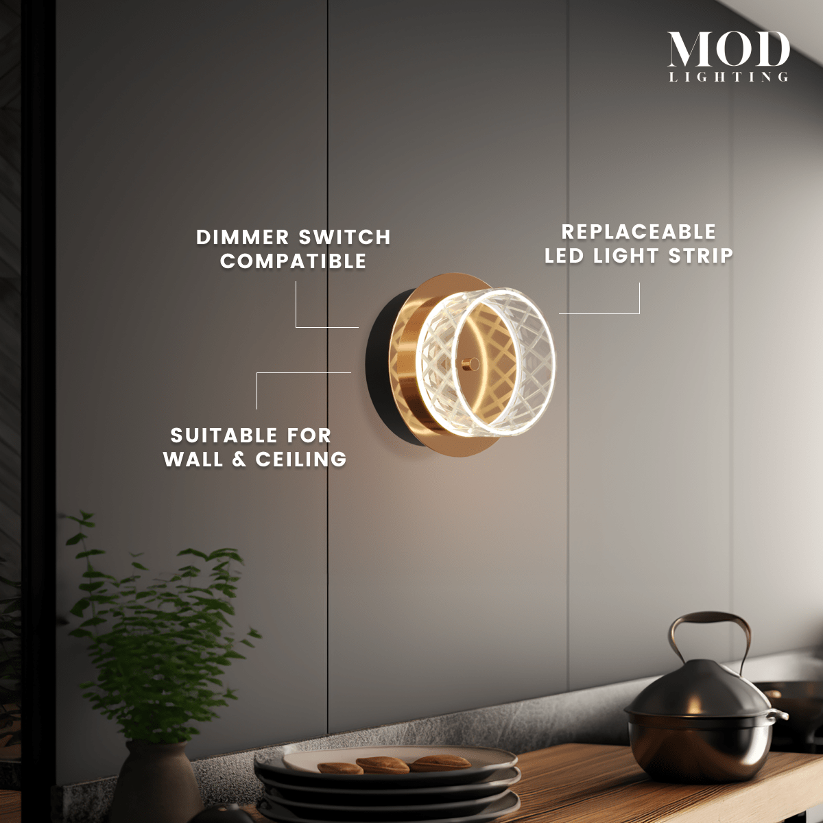 Emma round crystal-ring sconce, callouts noting dimmer-compatible, wall or ceiling mount and replaceable LED strip