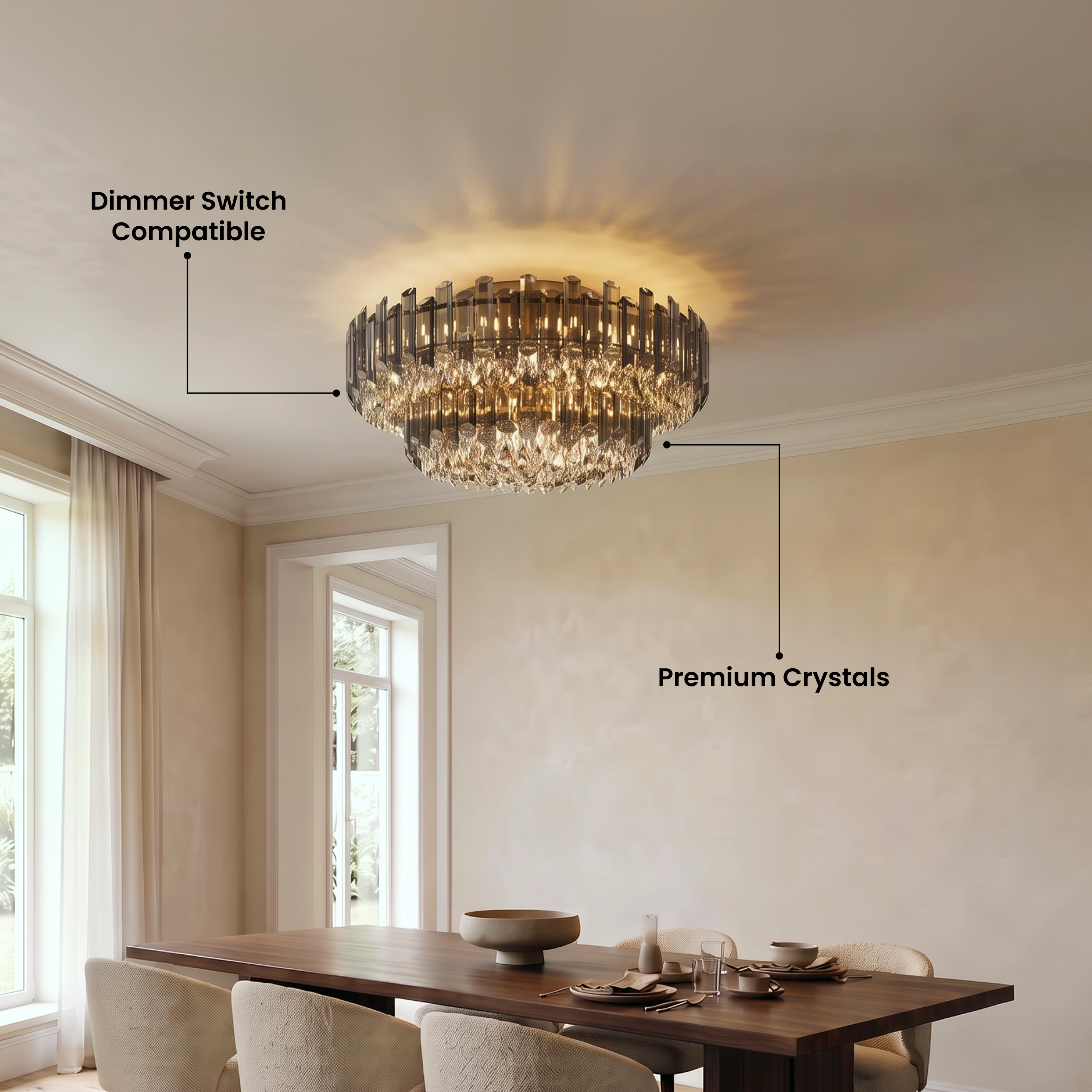 Arina round crystal flush-mount ceiling light in an entryway, with a five-star customer review
