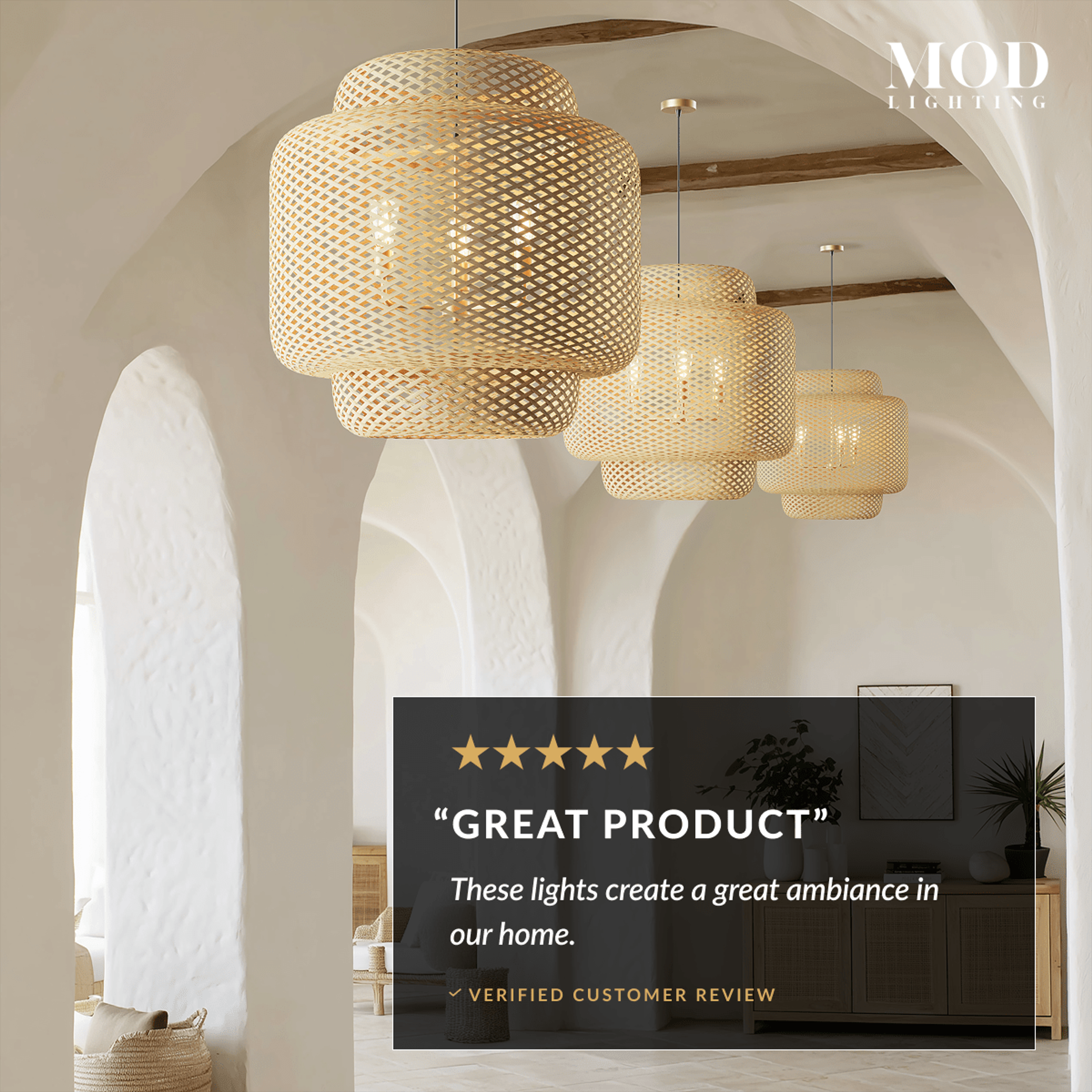 Elva woven bamboo lantern pendants, tiered barrel form, cluster hung in a white arched hallway