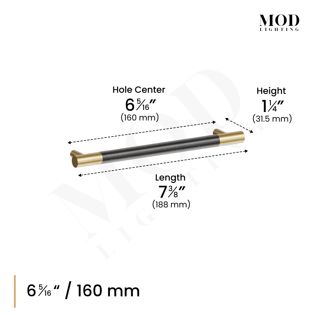 Wellington cabinet pull dimension diagram, black knurled bar with gold ends, 6 5/16-inch/160 mm hole center, length 7 3/8 in