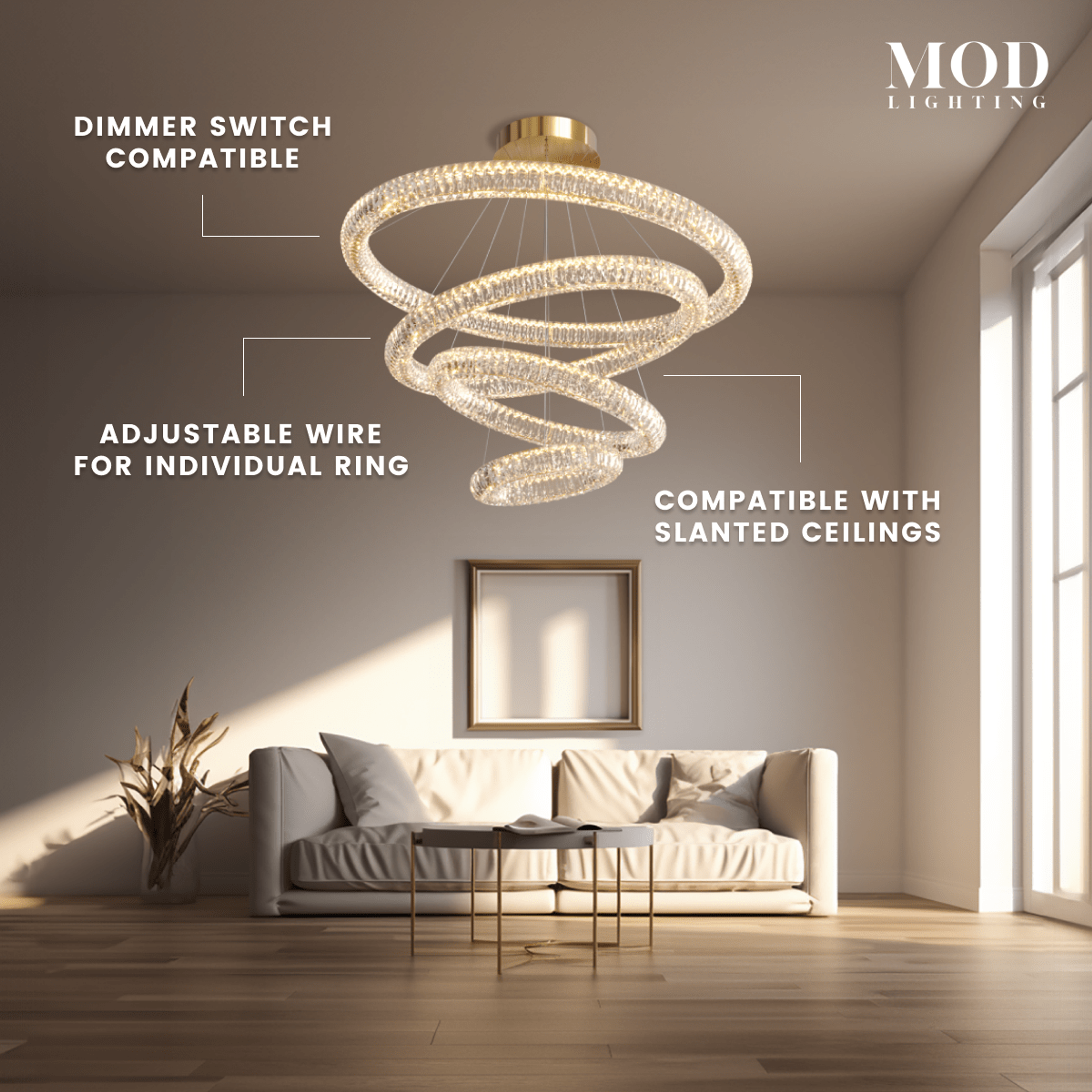 Arina crystal ring chandelier features: dimmable, adjustable per-ring wire, fits slanted ceilings