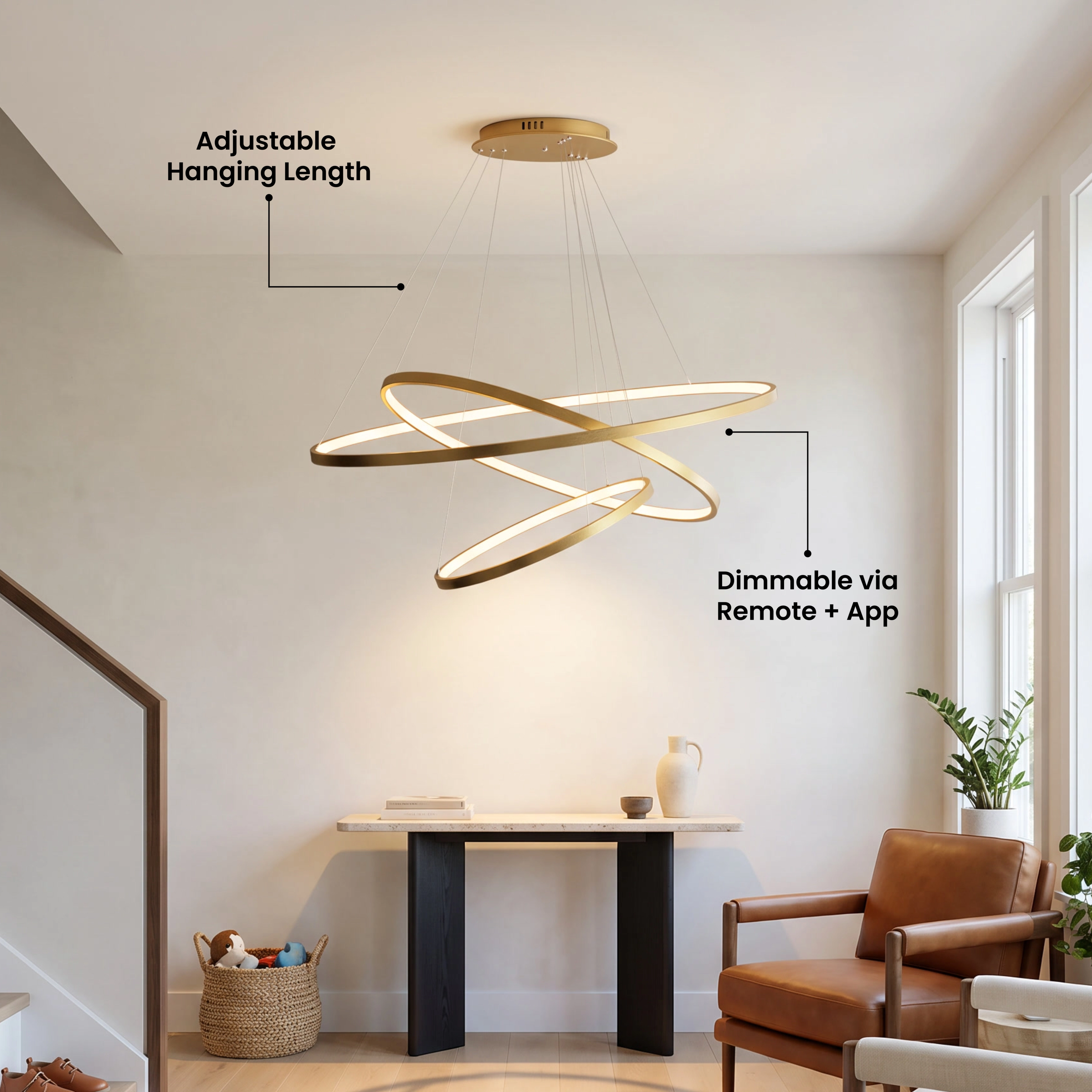 Janet Smart ring chandelier in an entryway, labeled adjustable hanging length and dimmable via remote and app