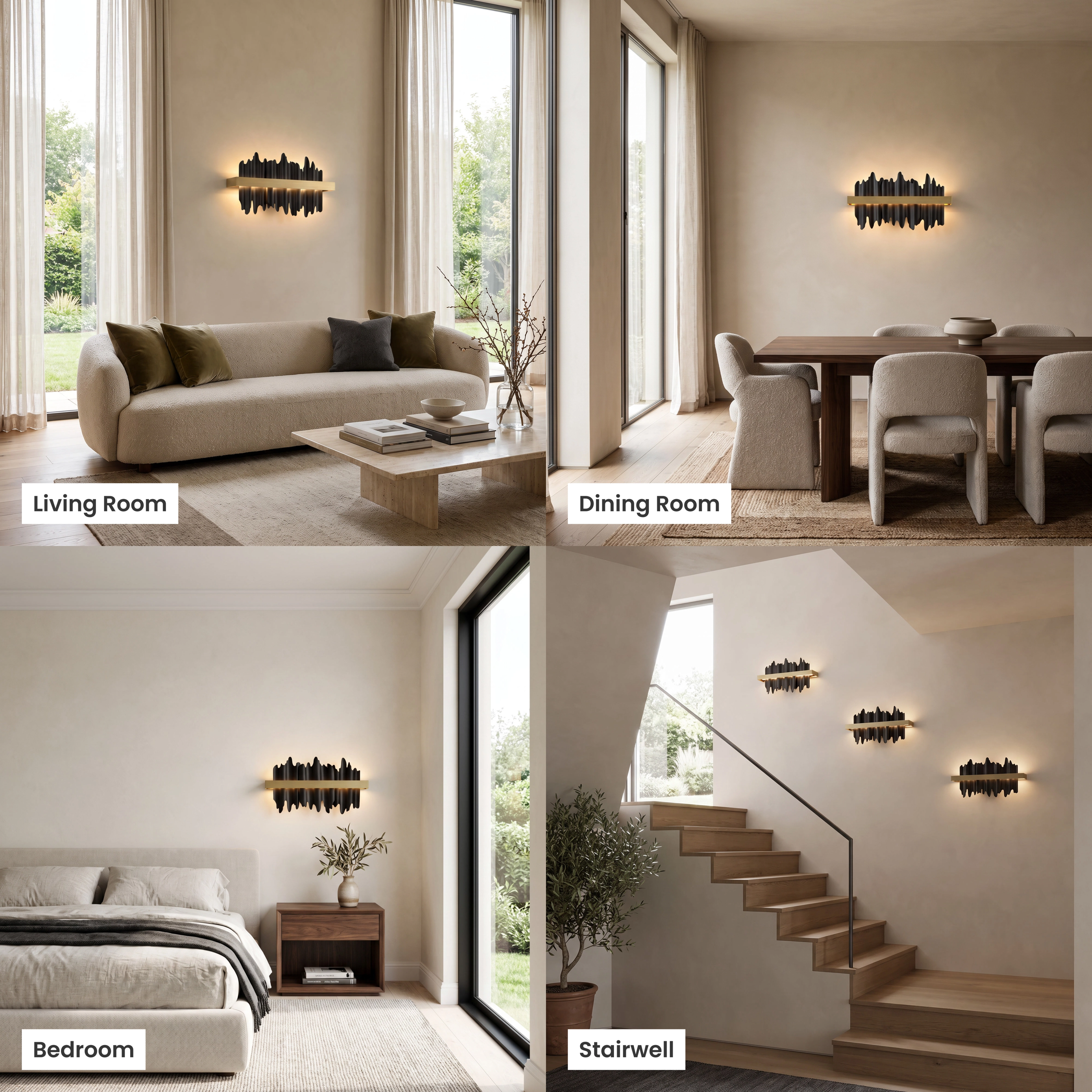 Aurelius Sconce Smart shown in living room, dining room, bedroom and stairwell settings