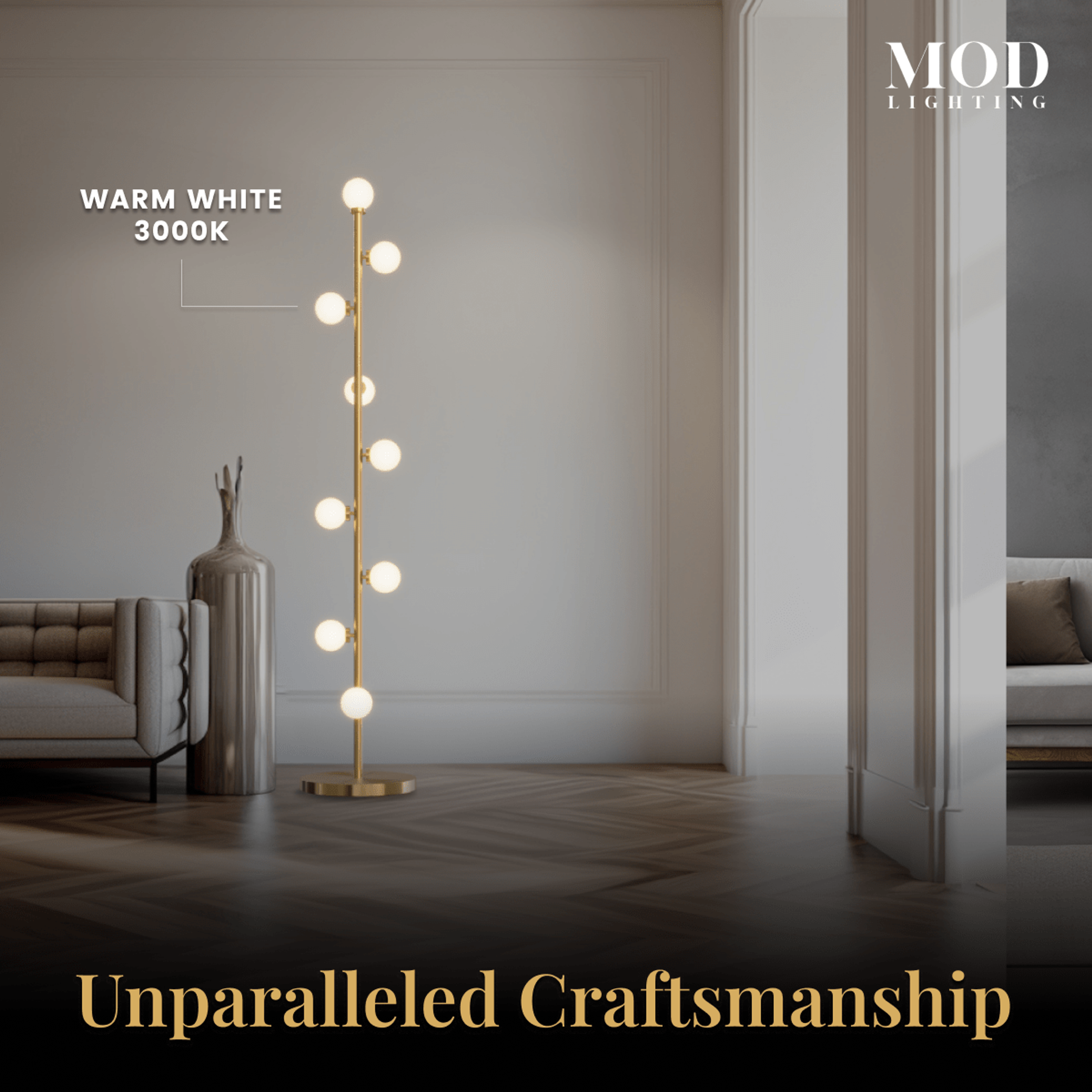 Pearl floor lamp in gold, warm white globes lit, standing on a wood floor in a neutral room