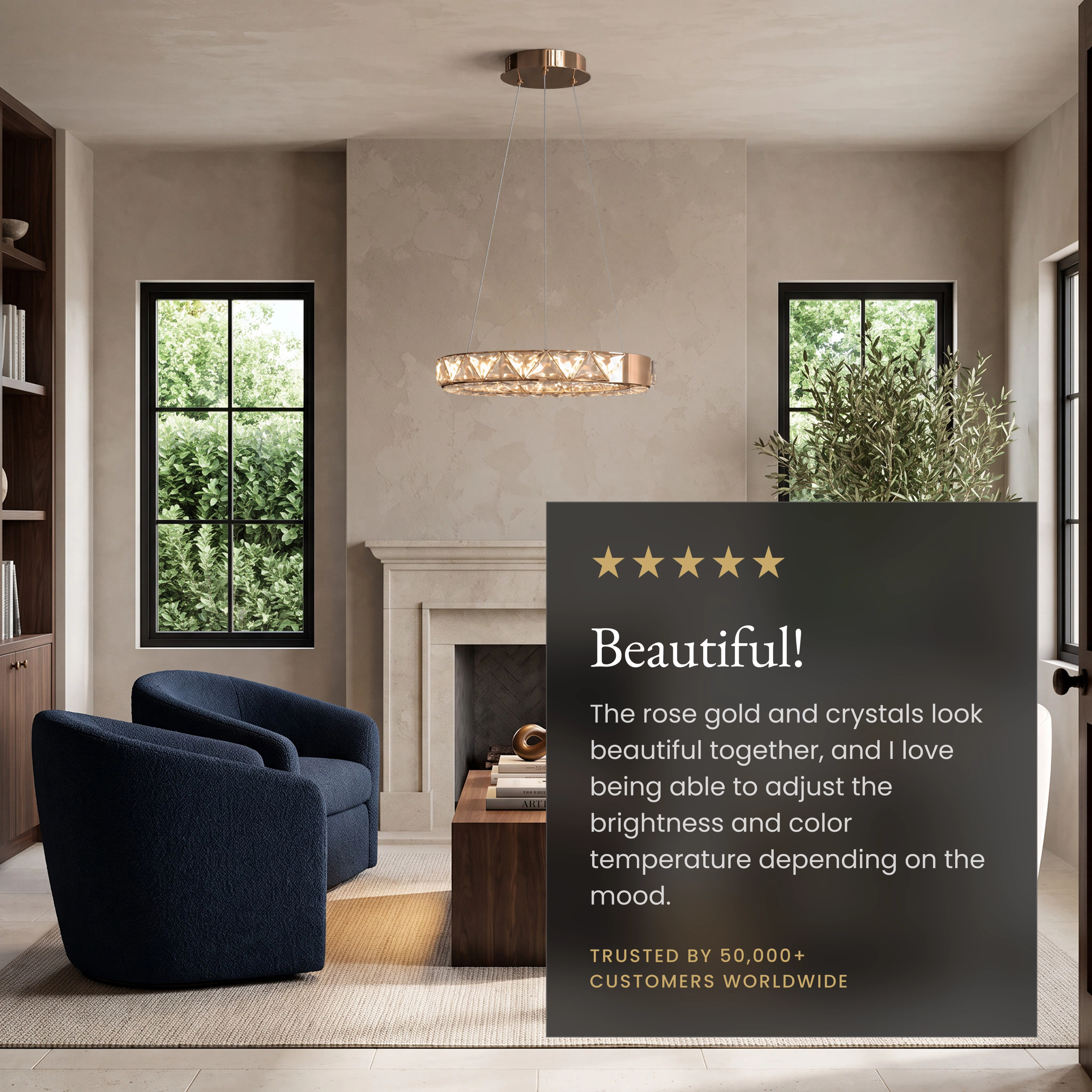 Jana Smart crystal ring chandelier in a living room beside a five-star customer review