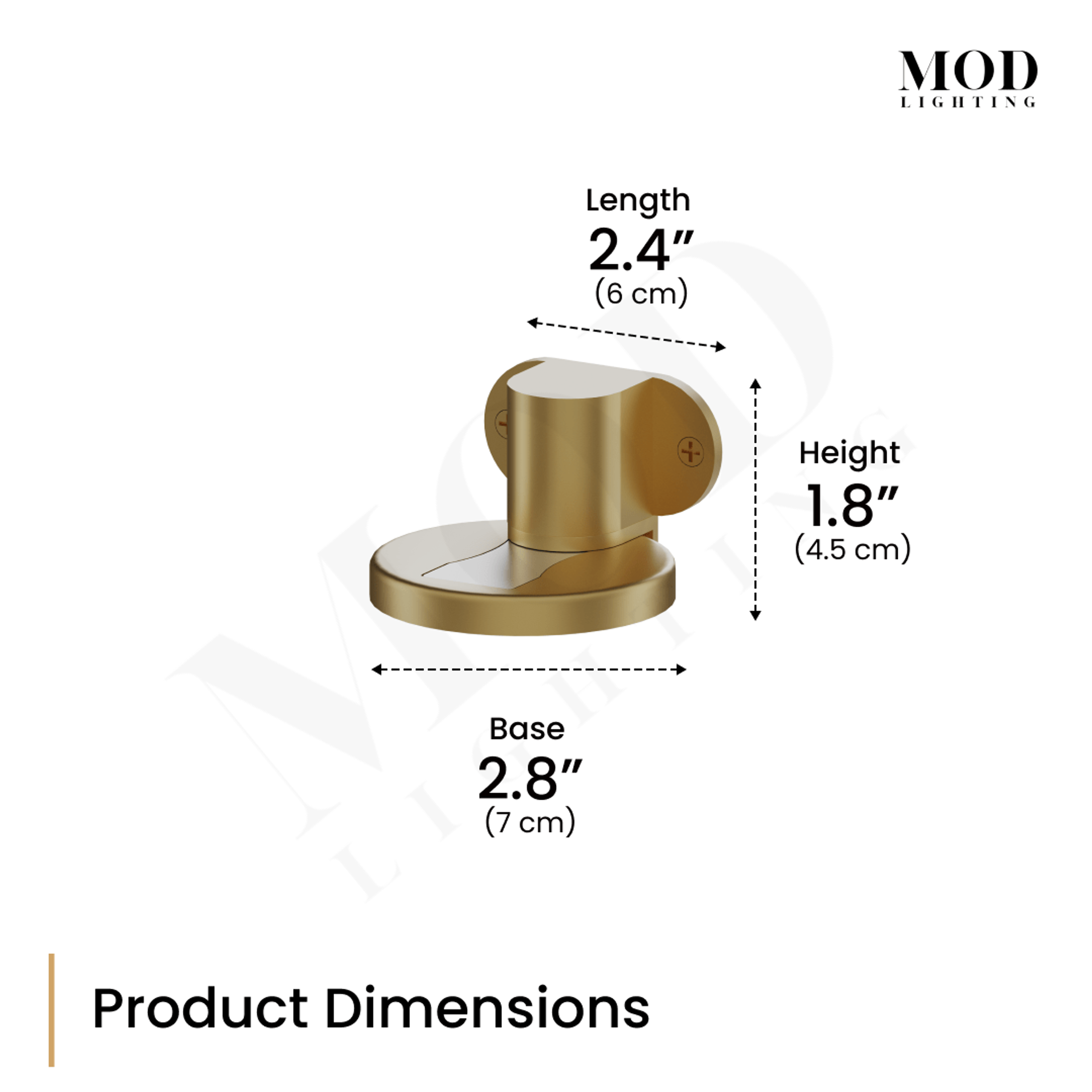 Moro brushed-gold door stop dimension diagram: 2.4 in length, 1.8 in height, 2.8 in base