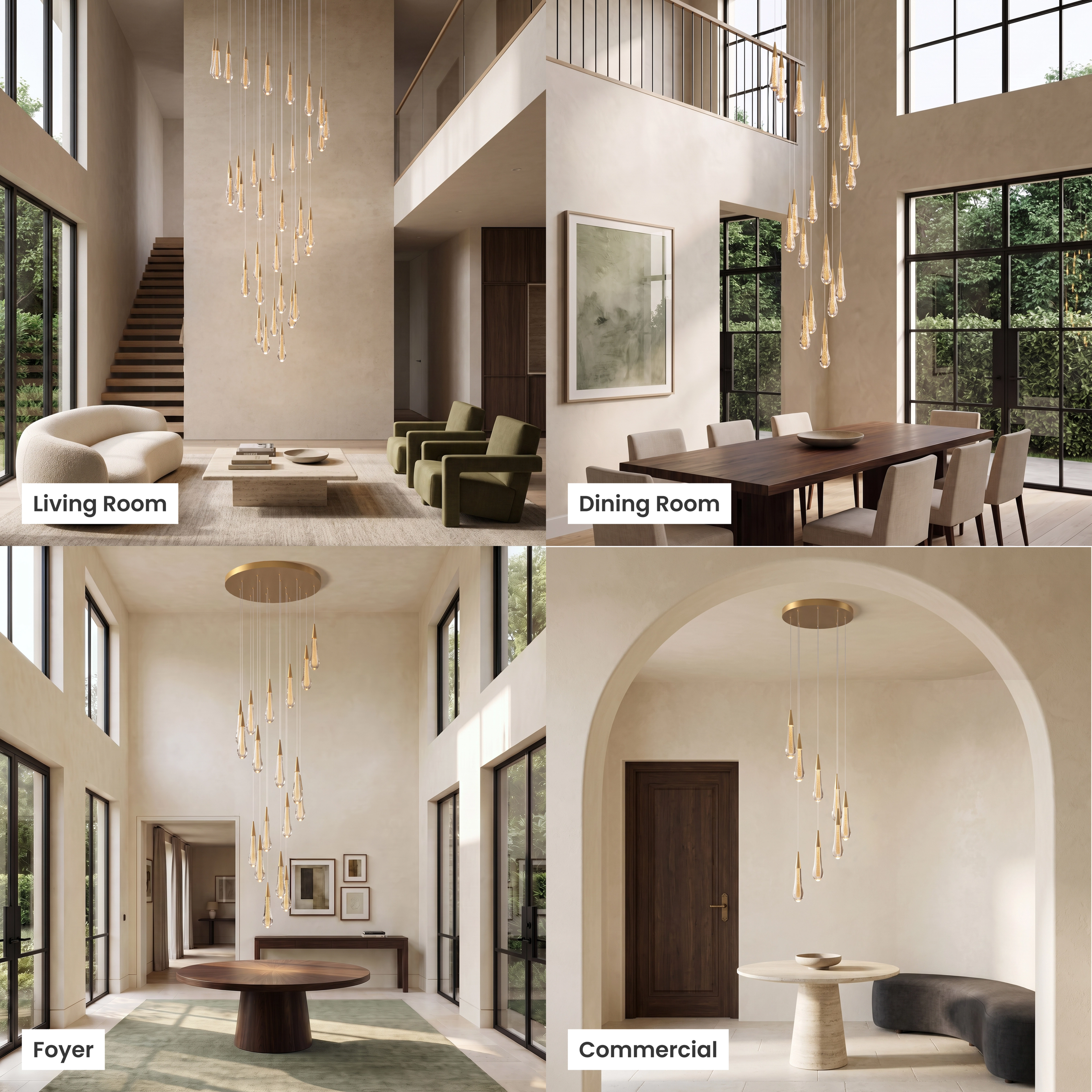 Indra chandelier, spiral of clear crystal droplets cascading down a double-height foyer and stairwell