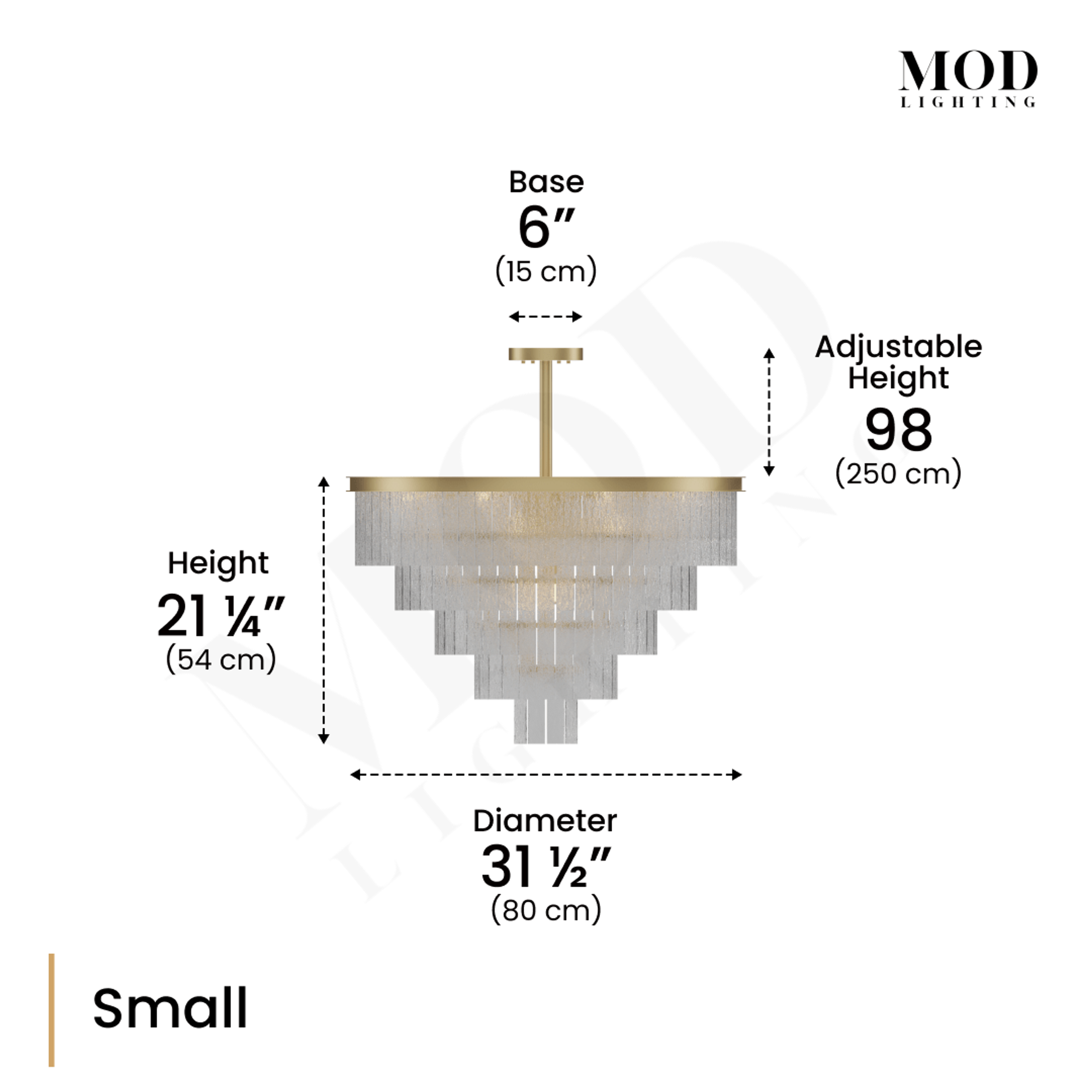 Cascade brass chandelier dimension diagram, tiered fringe cascade, Small size specs