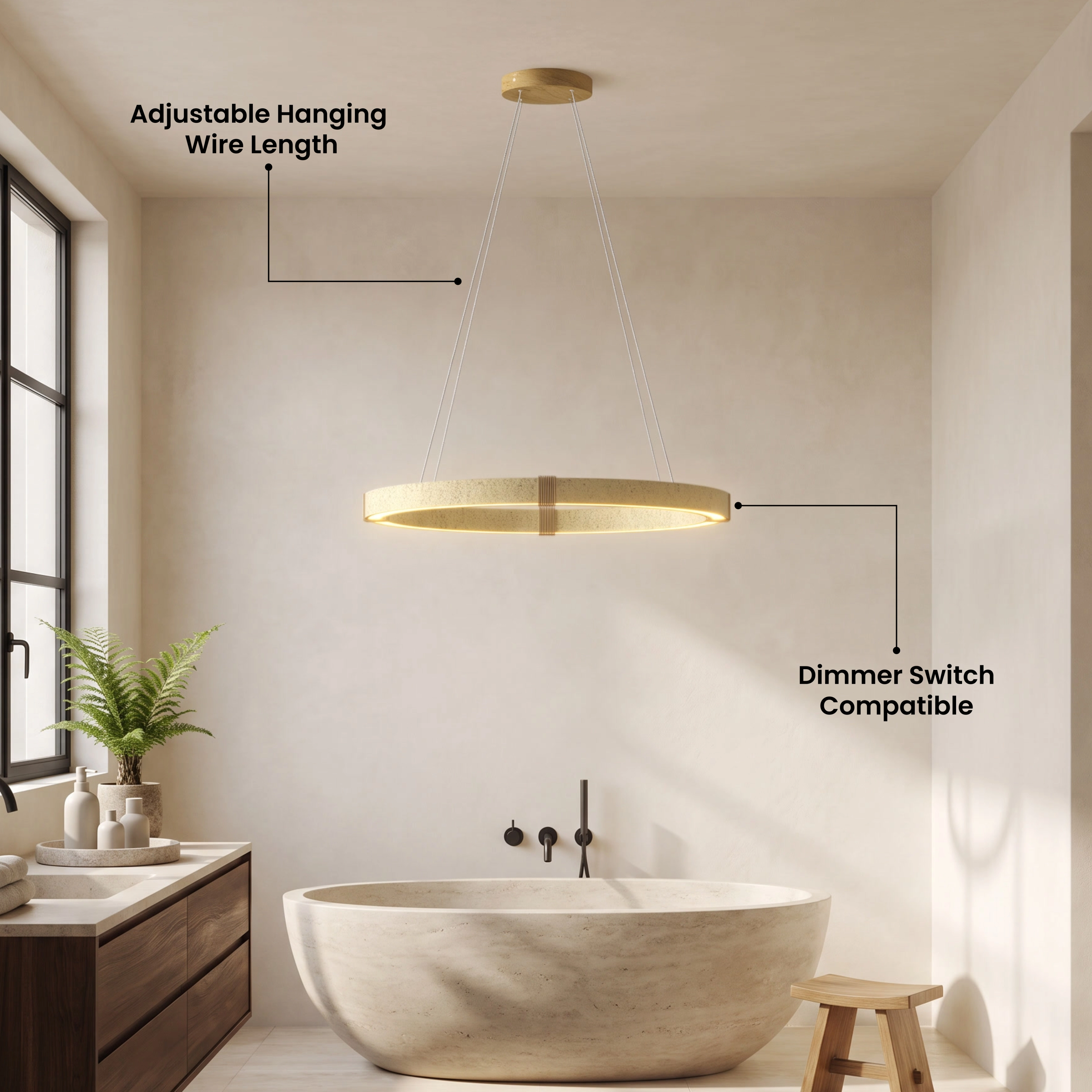 Arabella travertine stone chandelier, gold ring pendant glowing over a bed, with a five-star "The perfect glow" review