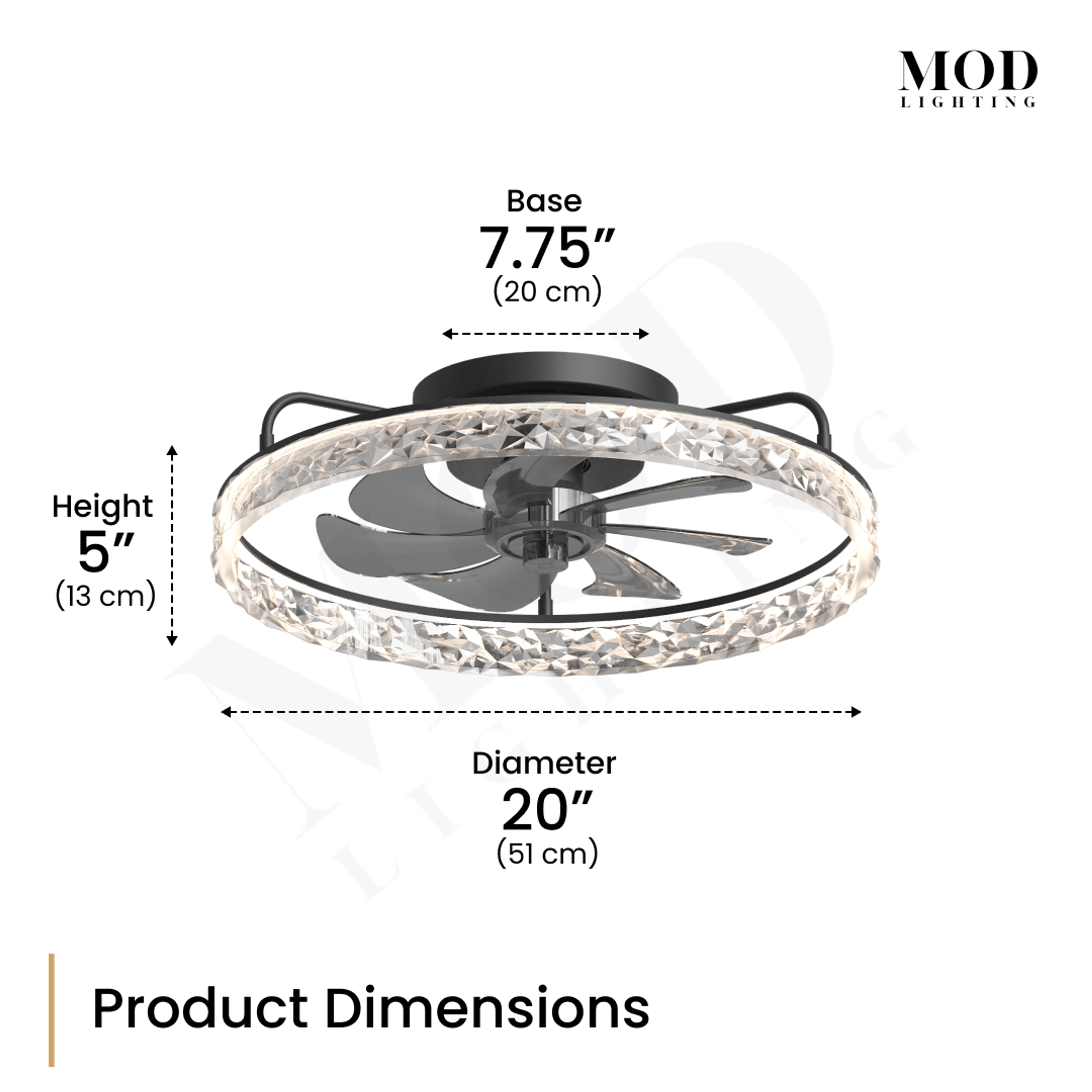 Ventara crystal-ring ceiling fan light dimension diagram, 20 in diameter, 5 in high, 7.75 in base