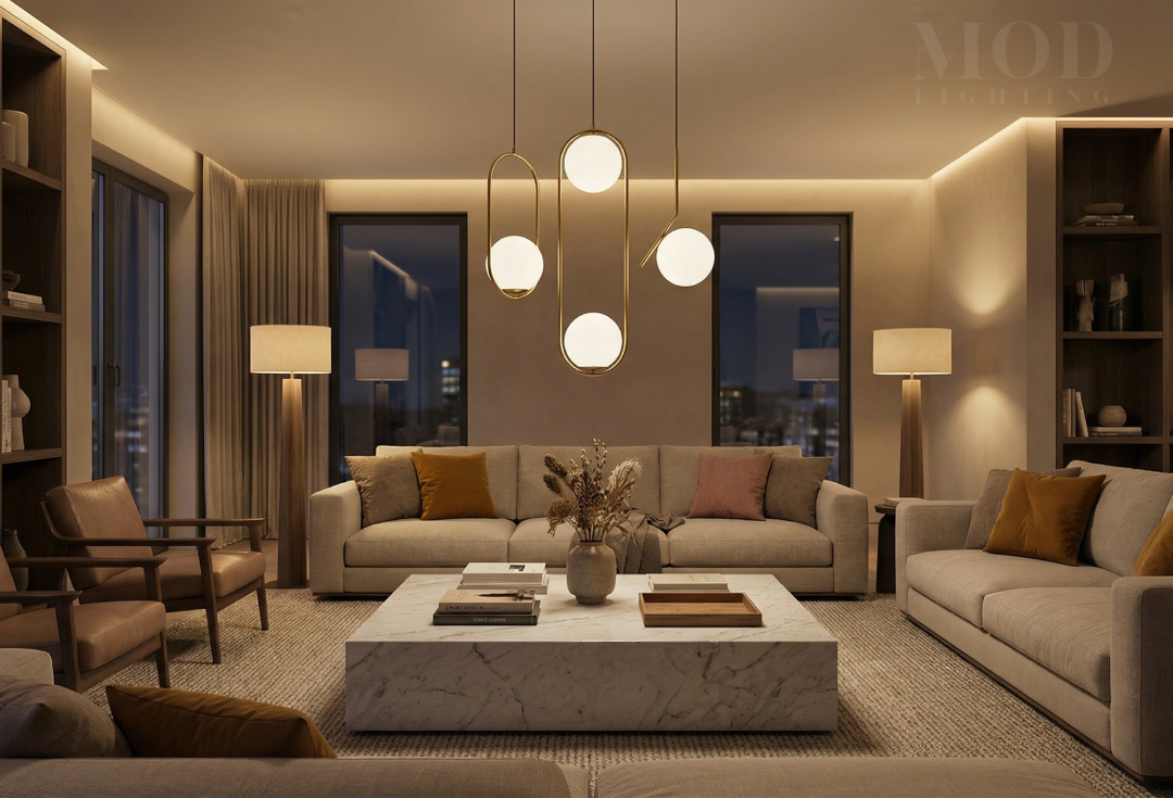 jewels & pearls at varying heights above a living room coffee table